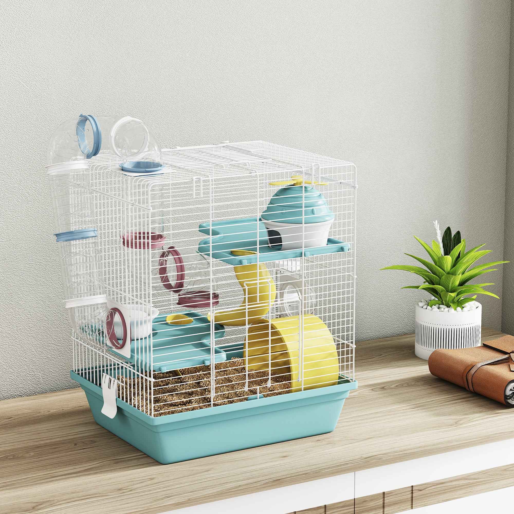 PawHut 3-Tier 12-Tube Hamster Cage with House, Ramp, and Accessories, Metal and Plastic, 34.5x27.5x41 cm, Grey