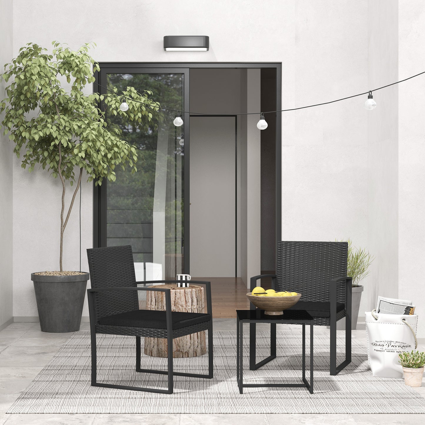 Black Rattan 3 Piece Garden Set with 2 Chairs with Cushions and Glass Top Table, Black Rattan Effect - Borgè