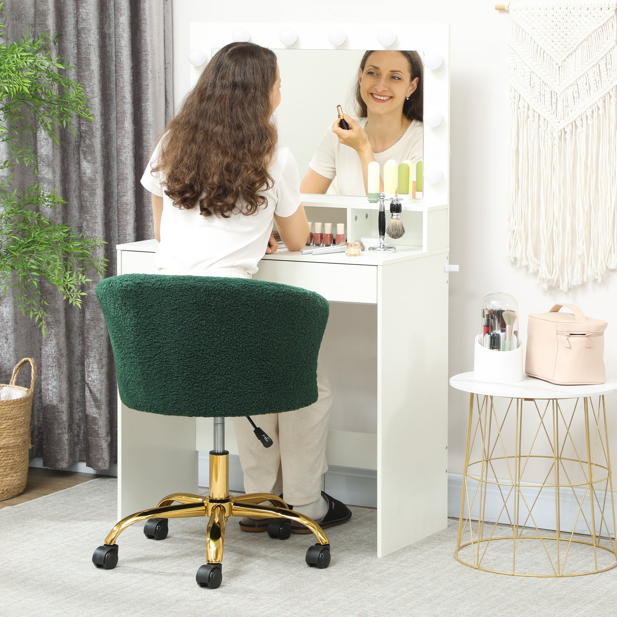 Vinsetto Teddy Velvet Swivel Office Chair, Steel Frame, Adjustable Height, 120kg Load Capacity, Dark Green