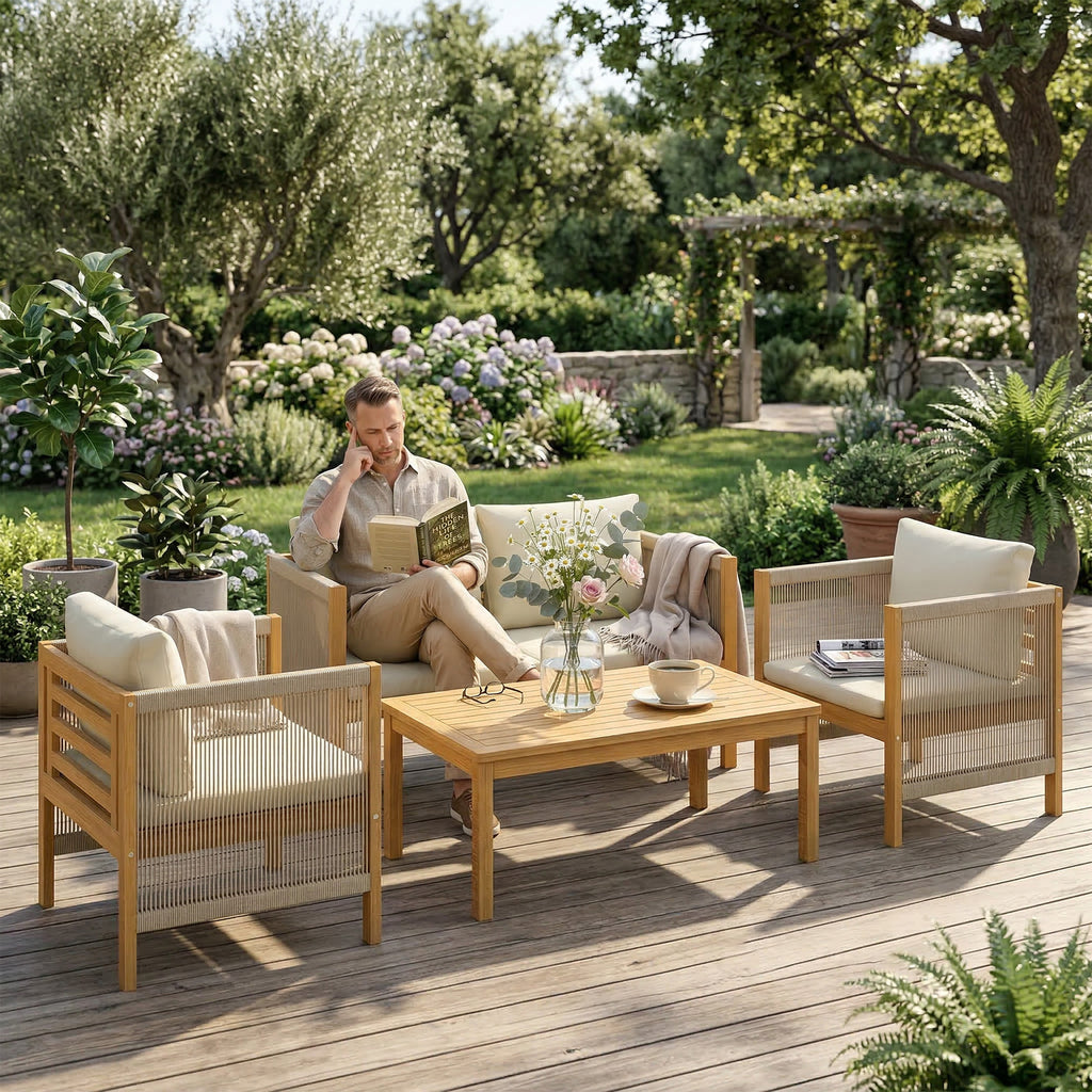 Outsunny 4-Piece Garden Lounge Set with Sofa, 2 Armchairs with Cushions and Coffee Table in Acacia Wood