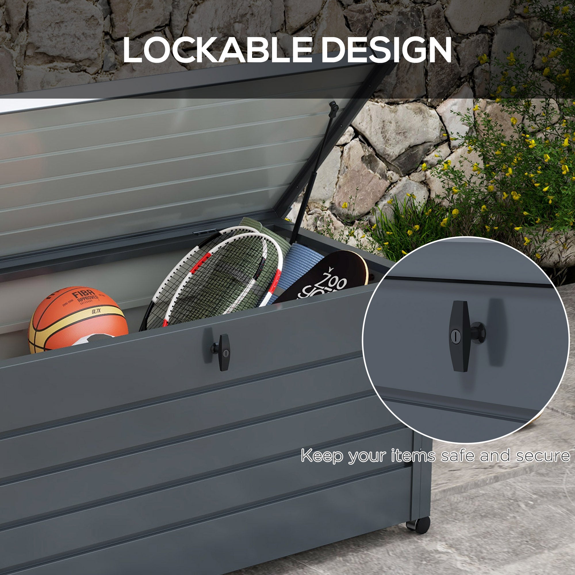 Outsunny Black outdoor 311L with lock and 2 handles, in galvanized steel, 120x62x66 cm, dark gray - Borgè