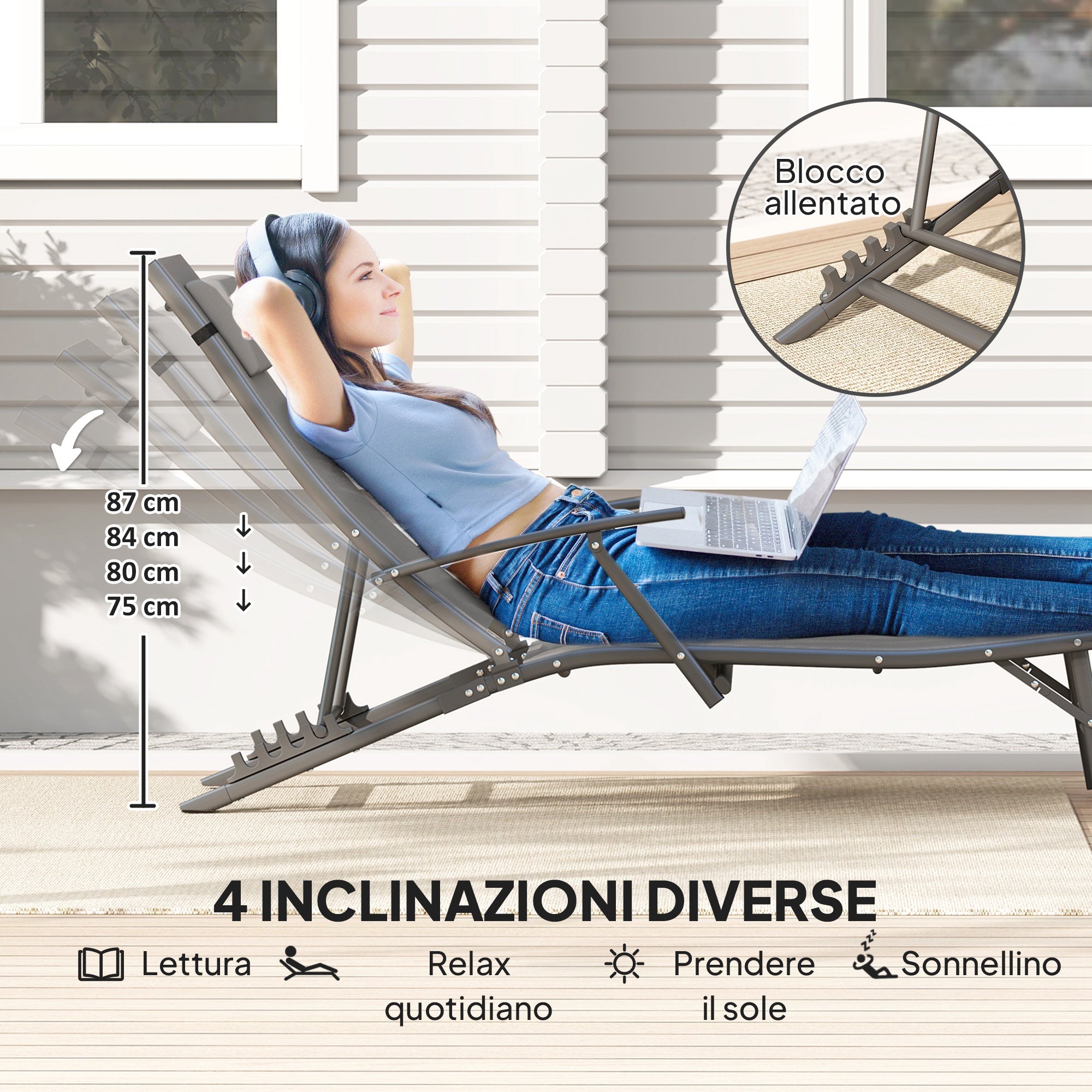 Set of 2 Folding Garden Deckchairs with 4-Level Adjustable Backrest and Cushion, Gray