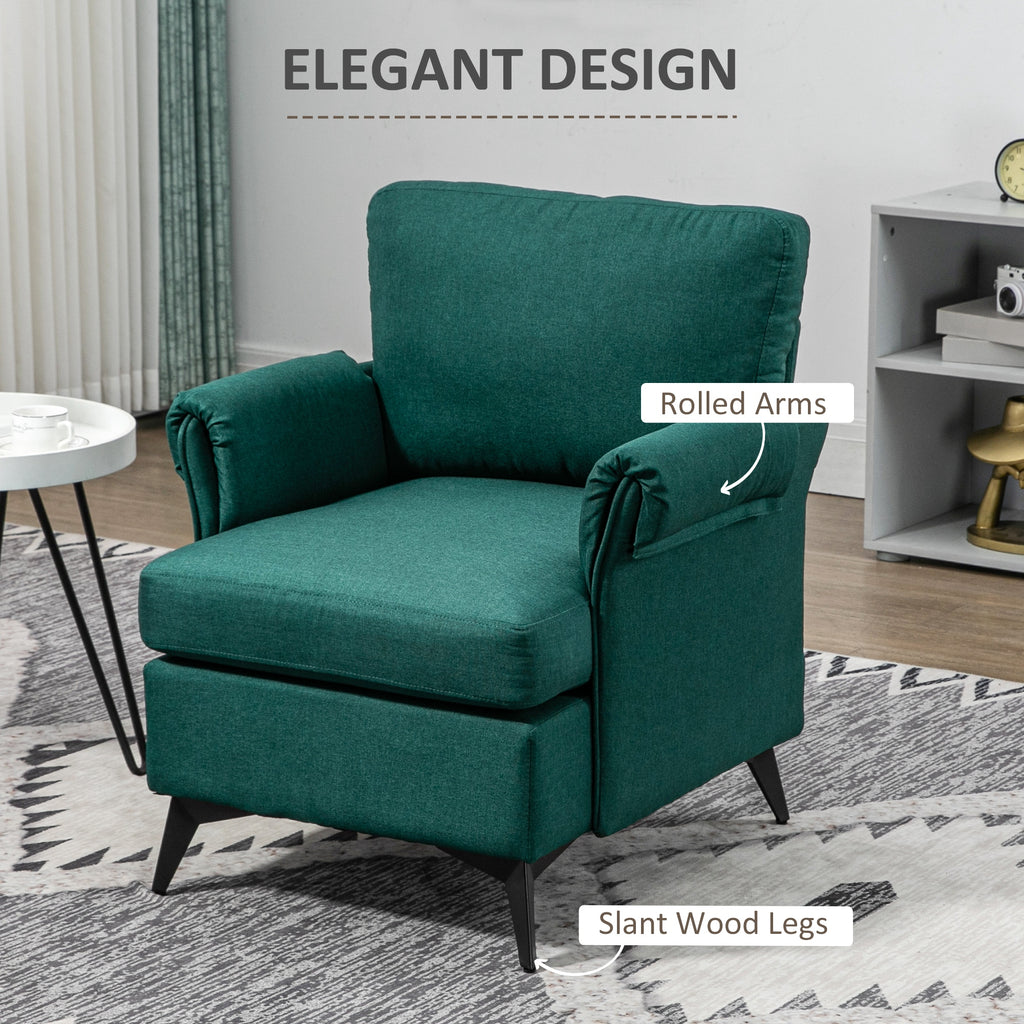 Furnishing armchair in breathable linen-effect fabric with rolled armrests, 63x71x83 cm, green - Borgè