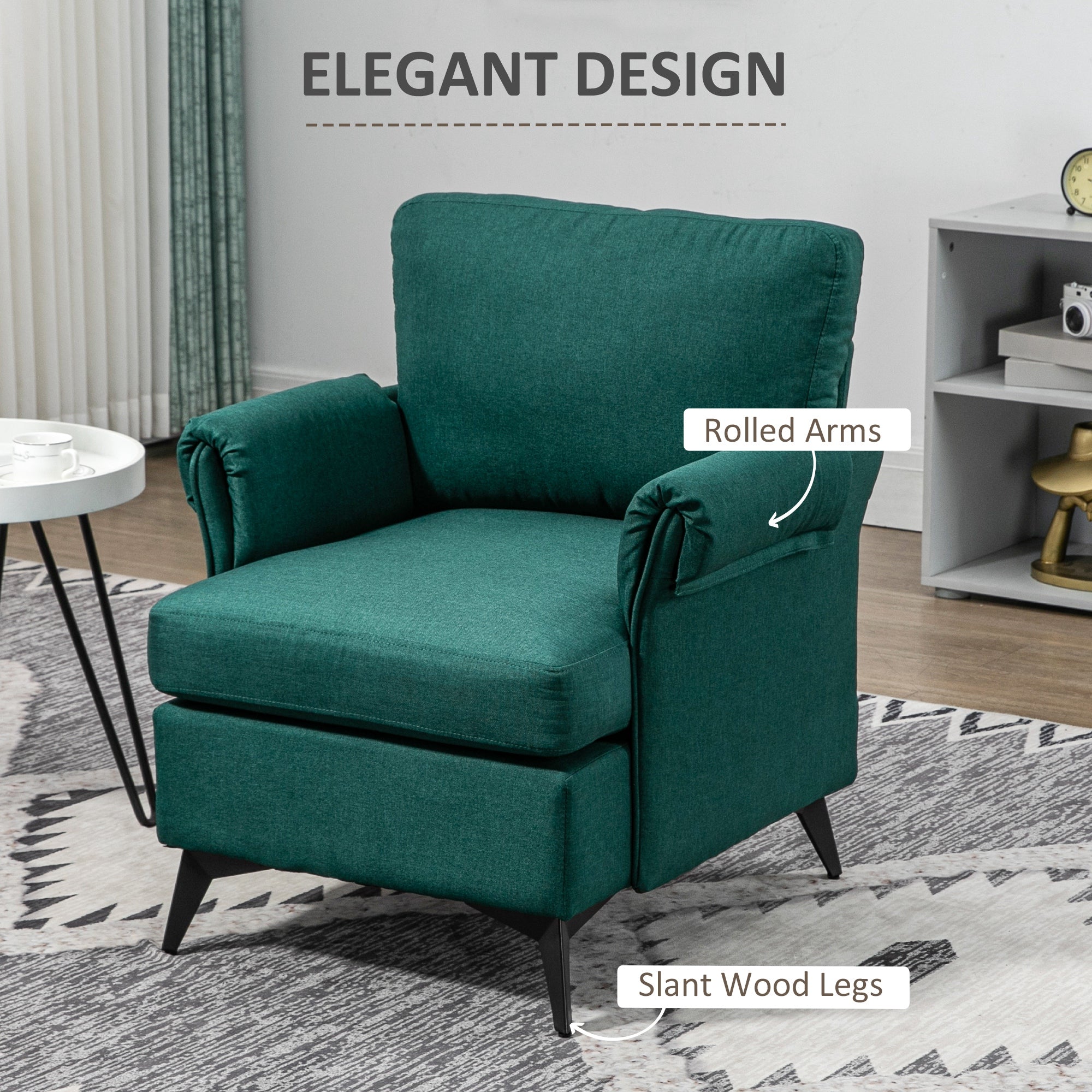 Furnishing armchair in breathable linen-effect fabric with rolled armrests, 63x71x83 cm, green - Borgè