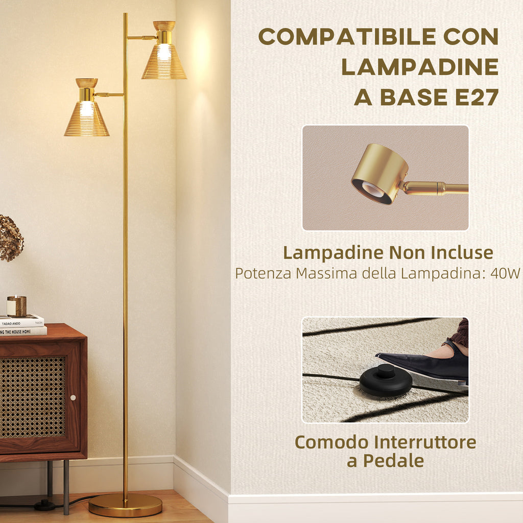 Modern Floor Lamp with 2 Lights and Adjustable Heads, Foot Switch, Gold