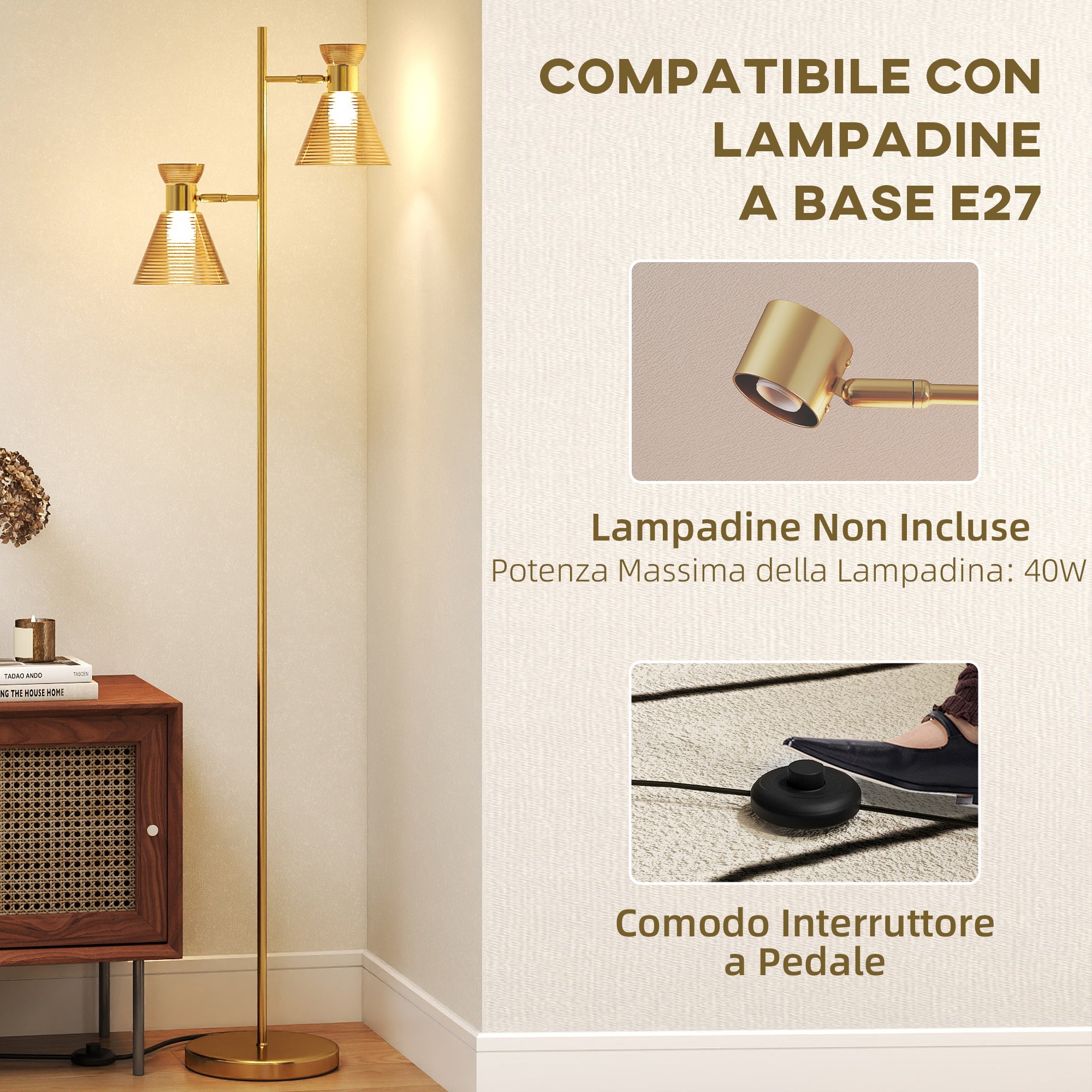 Modern Floor Lamp with 2 Lights and Adjustable Heads, Foot Switch, Gold