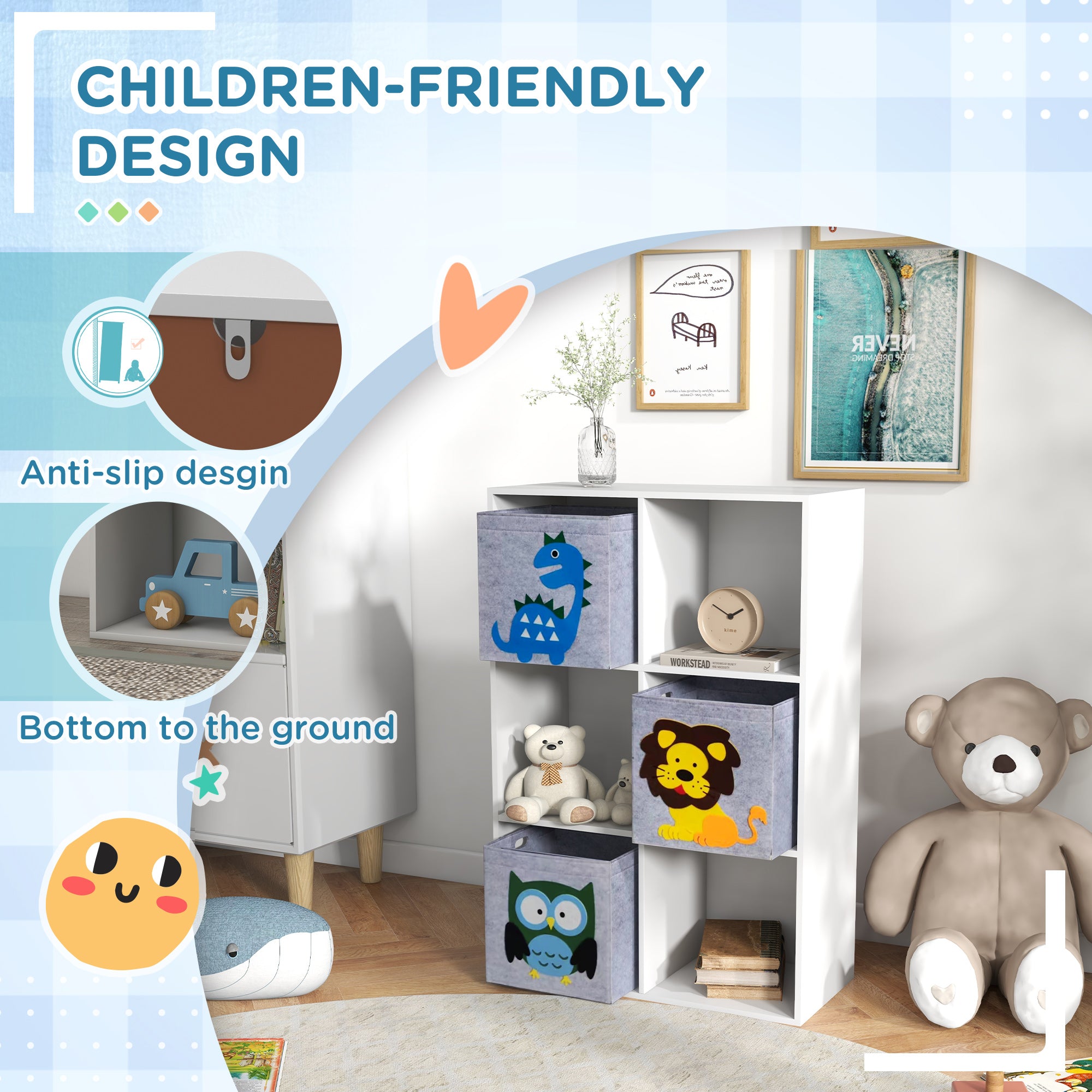 Children's Toy Shelf with 6 cube spaces, MDF and Melamine Construction - 61.8x29.9x91.5 cm, Grey and White - Borgè