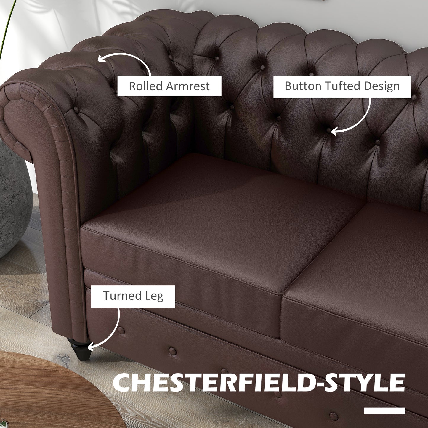 Homcom Chesterfield style 2 seater sofa with removable pillow, in ears, wood and metal, 160x84x80 cm, brown - Borgè