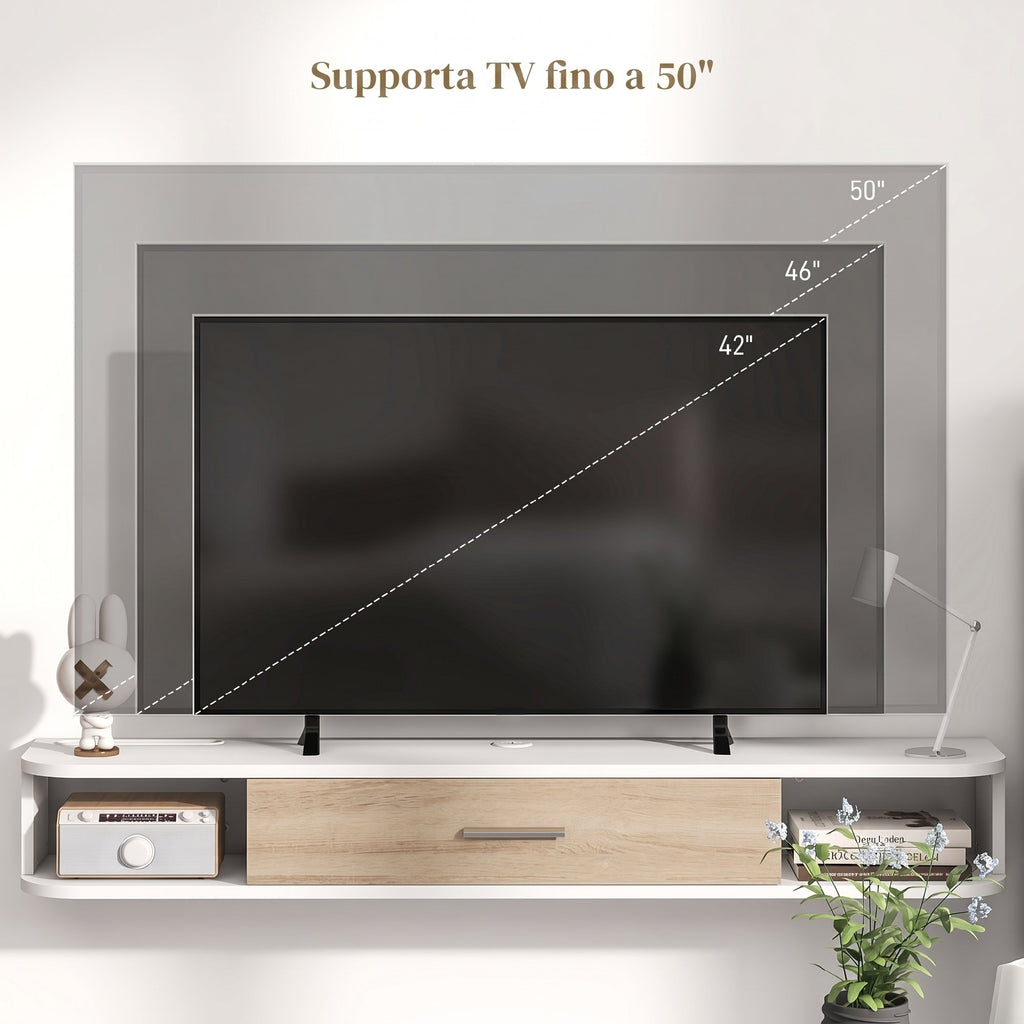 Wall Mounted Wooden TV Cabinet with 2 Open Shelves and Cabinet, 120x26x16 cm, White and Oak