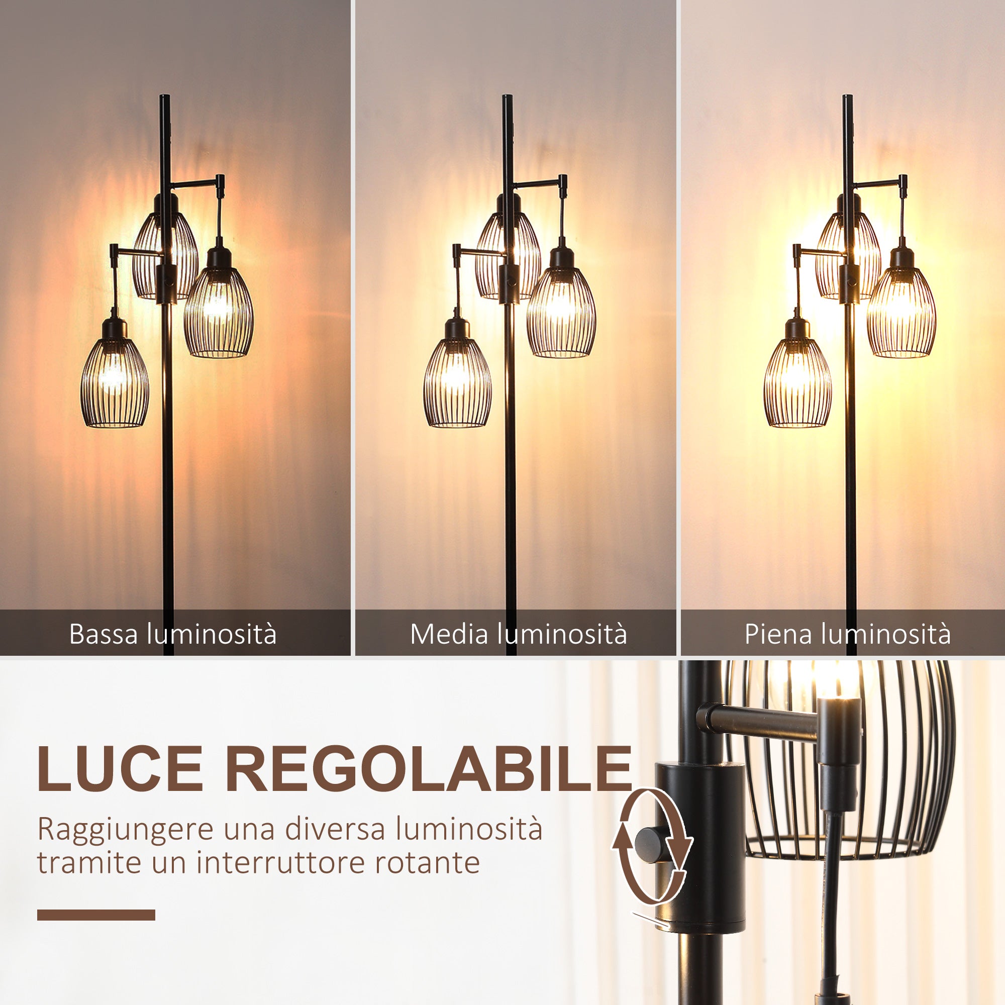 Industrial Floor Lamp with 3 Lampshades and Adjustable Dimmer, Steel, 30x30x170.5 cm, Black