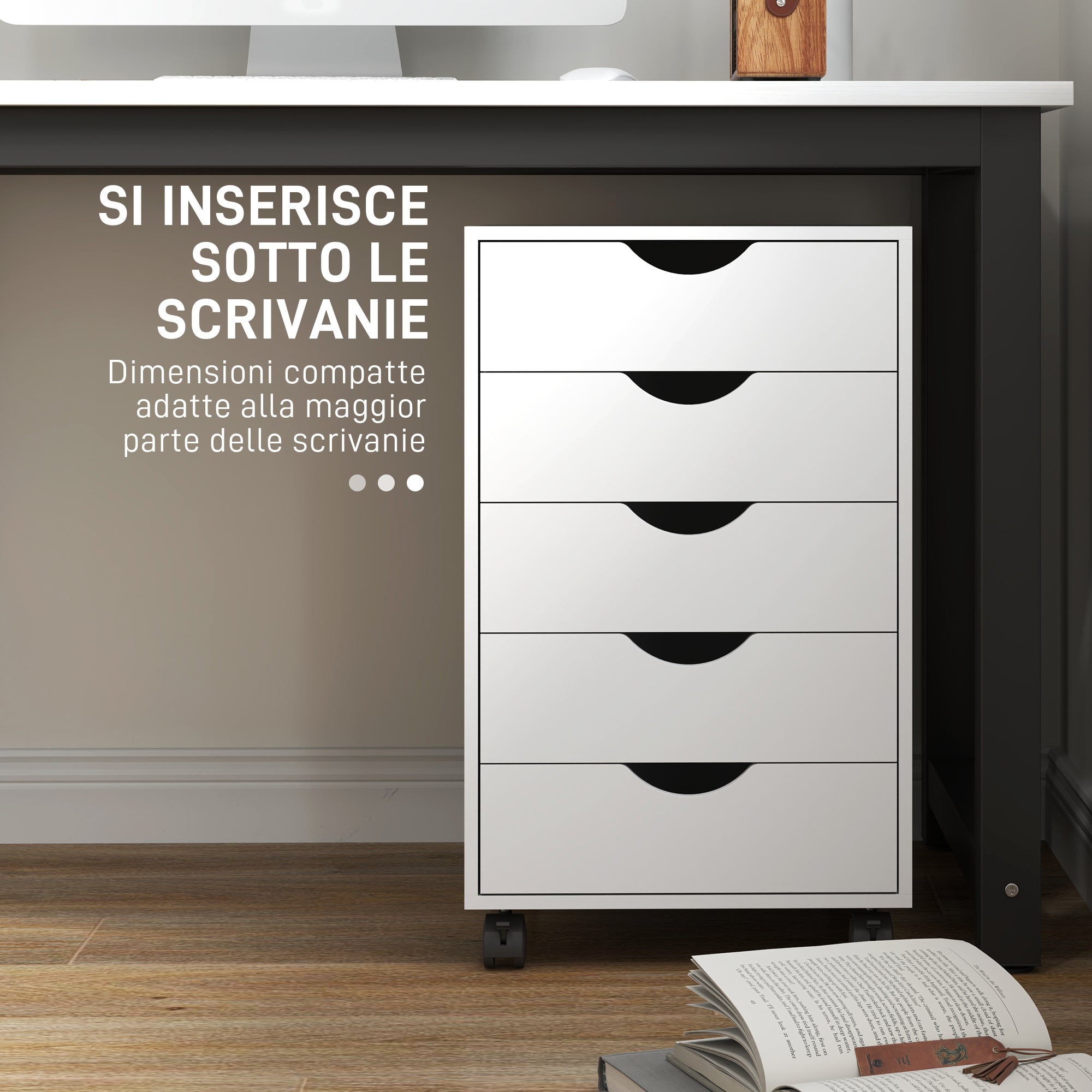 5-Drawer Office Chest with Swivel Casters with Brakes, 40x40x67 cm, White