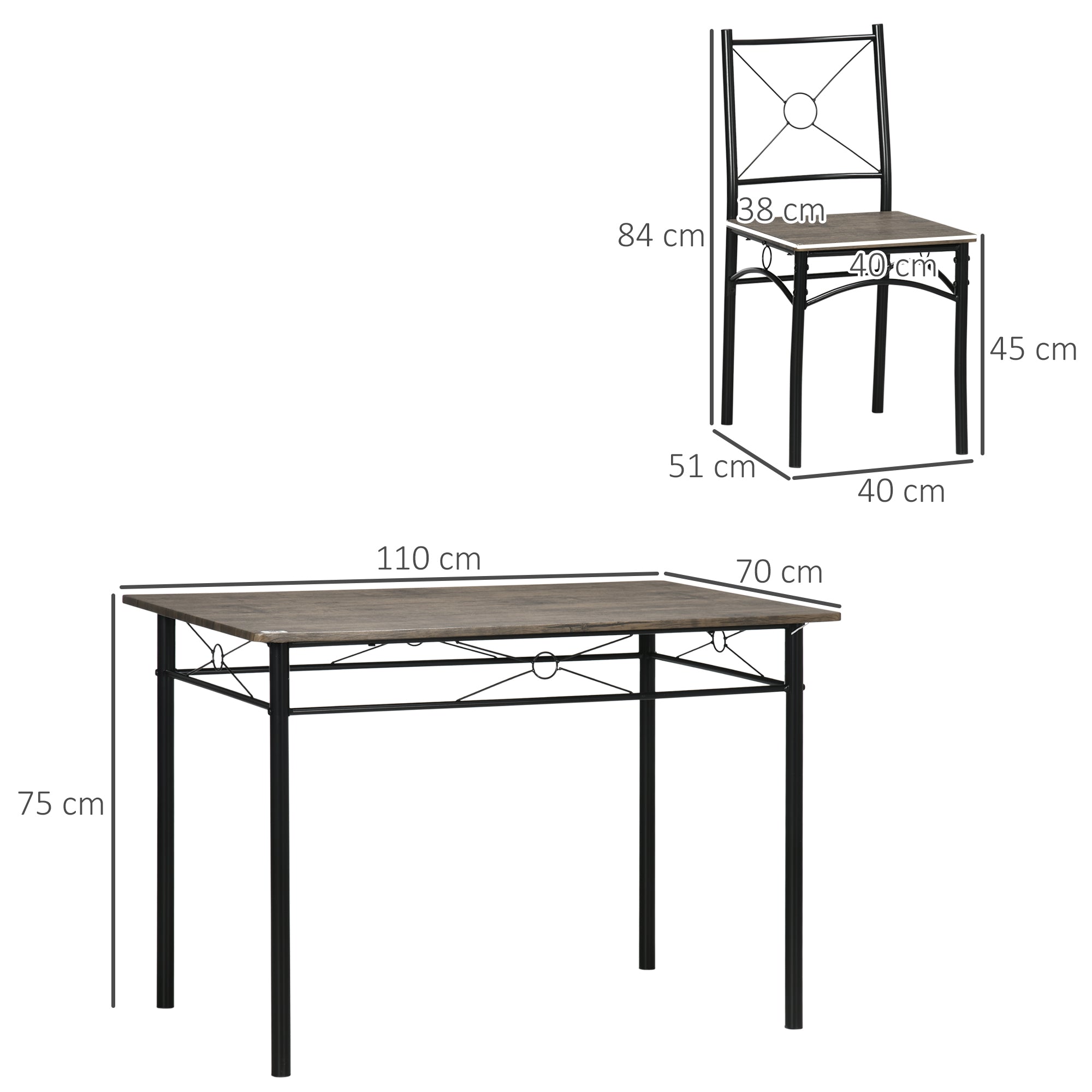 Dining Table with 4 Chairs, 5-Piece Set in MDF and Metal for Dining Room, Kitchen, Living Room and Bar