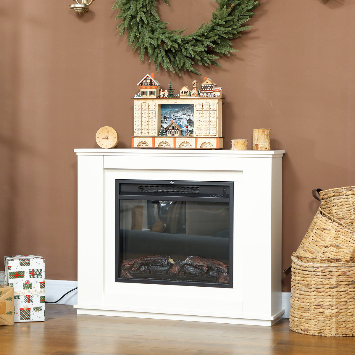 Electric Fireplace with 12 Flame Colors and 5 Brightness Levels, Remote Control and Timer, 98x25x80 cm, Black and White