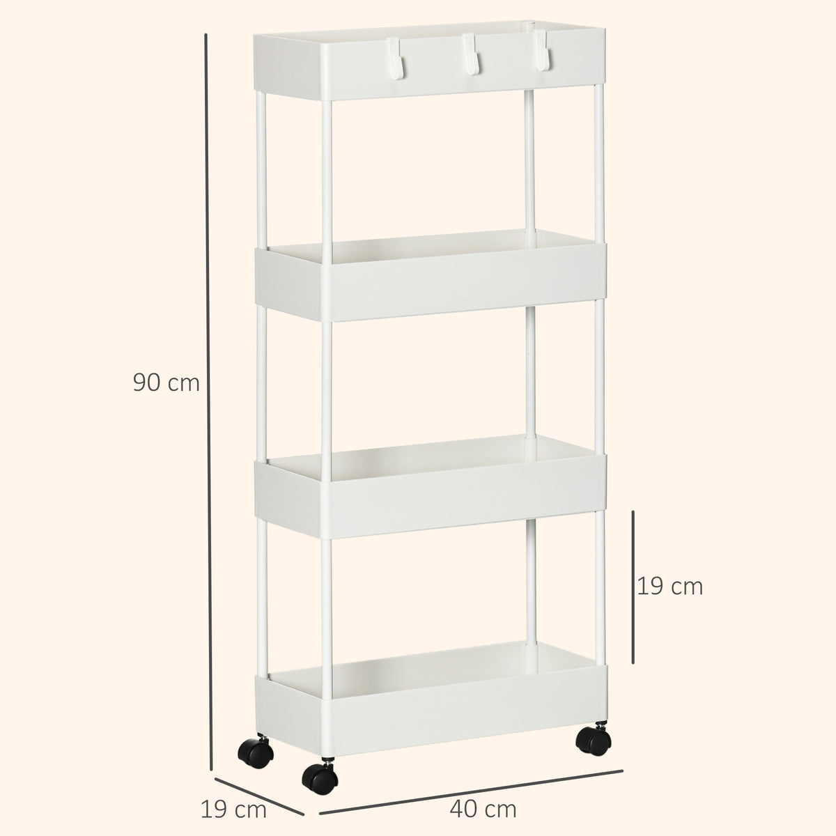 HOMCOM 4-Tier Kitchen Cart with Hooks, Steel and Plastic on Swivel Wheels for Living Room, Office and Laundry Room, 40x19x90 cm, White