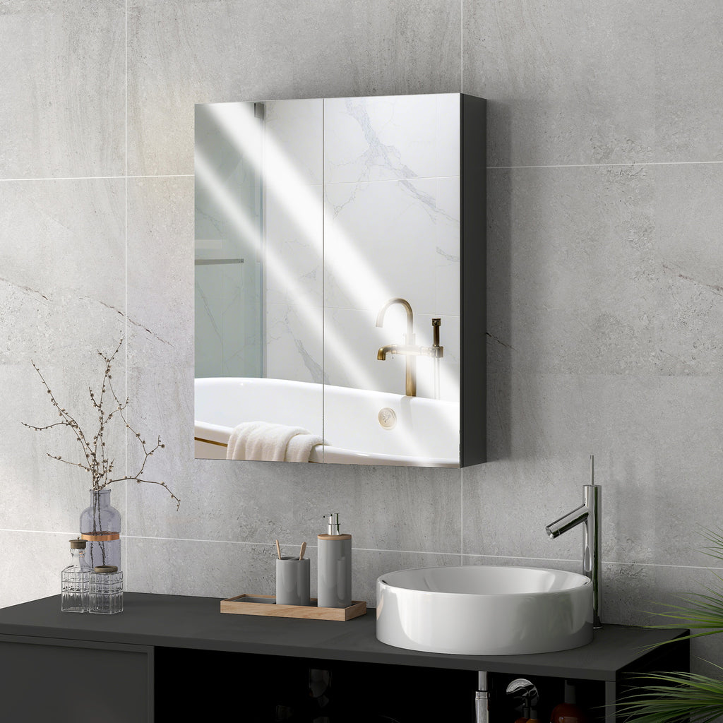 Bathroom Wall Cabinet with 2 Doors, Mirror and 2 Internal Shelves in MDF, 60x15x75 cm, Black