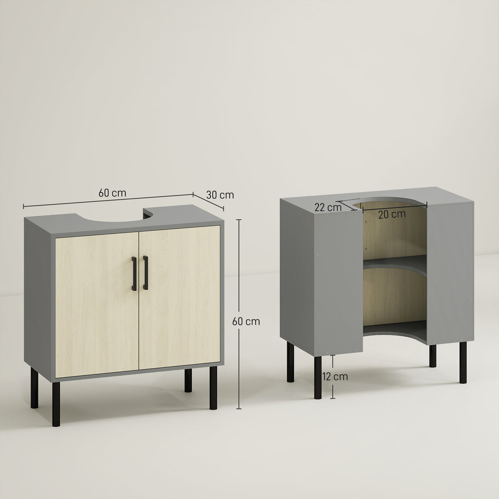 kleankin Bathroom Cabinet with Double Door and Chipboard Shelf, 60x30x60cm, Grey and Oak Color