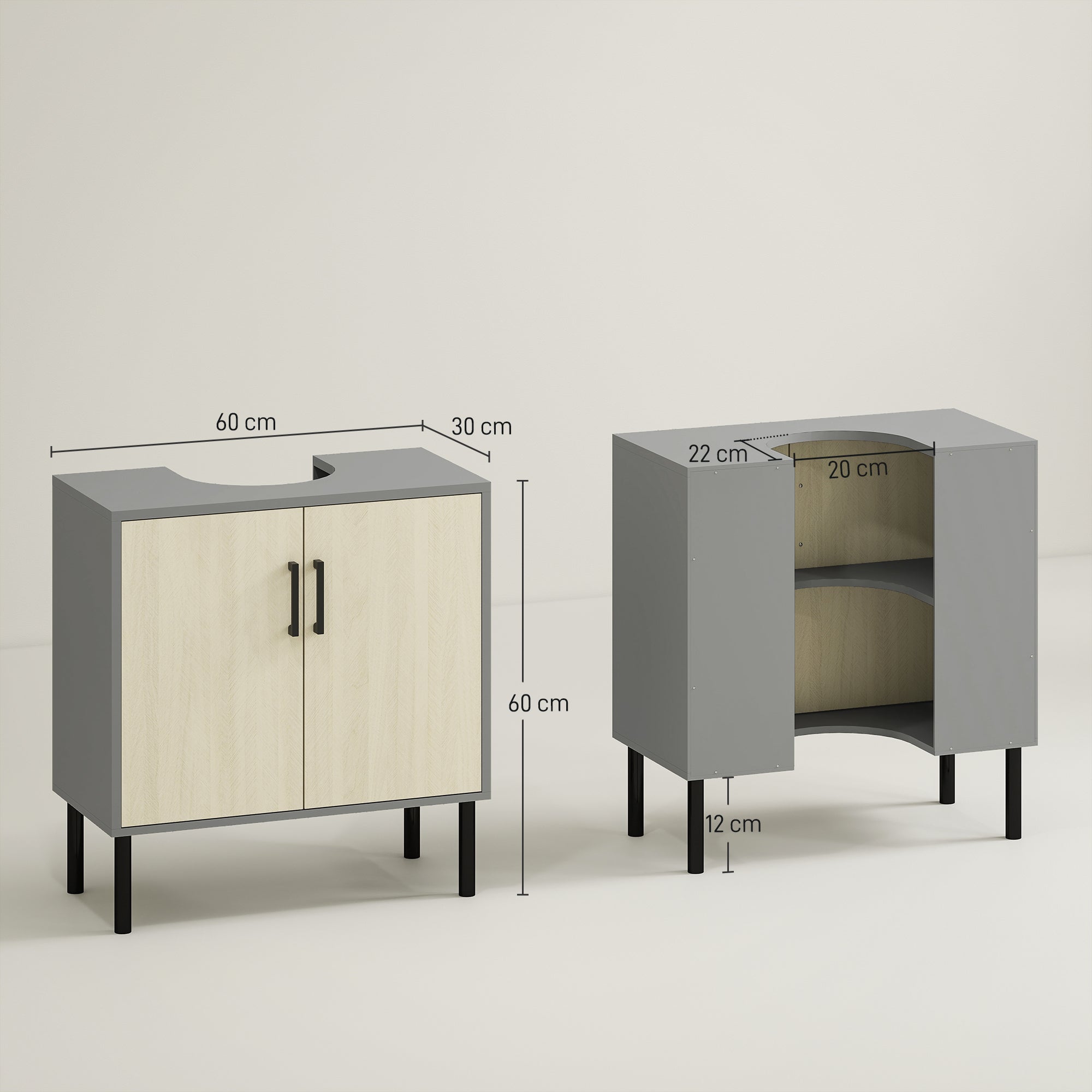kleankin Bathroom Cabinet with Double Door and Chipboard Shelf, 60x30x60cm, Grey and Oak Color