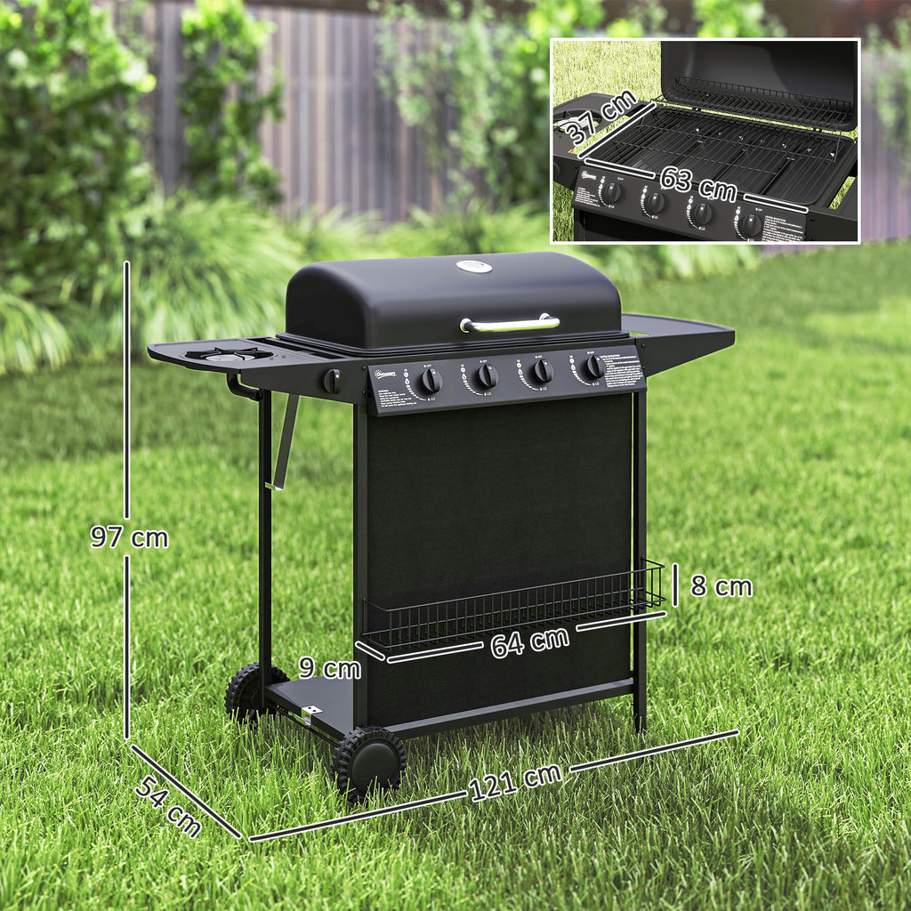 Gas Barbecue with 4+1 Independent Burners and Lid with Thermometer, 121x54x97 cm, Black