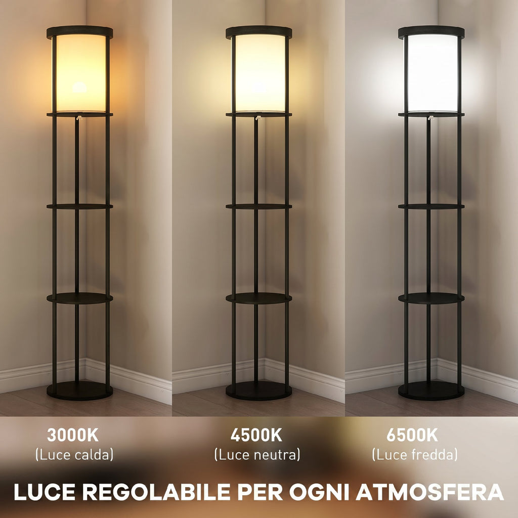 HOMCOM LED Floor Lamp with Round Shelves, Fabric Shade, Foot Switch and Remote Control, Black