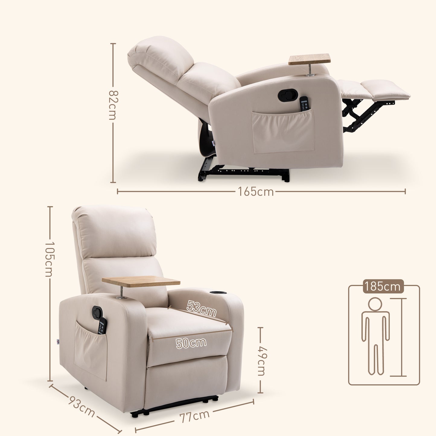 Massage Recliner Chair with Footrest and Remote Control, Microfiber, 77x93x105 cm, Beige