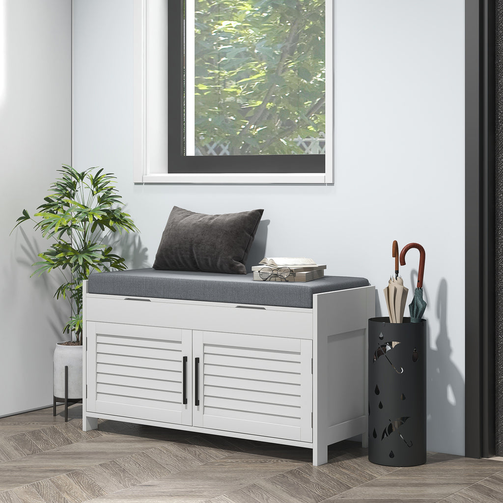 Shoe Bench with Adjustable Internal Shelf on 3 Levels, in MDF and Faux Linen, 90x36x50 cm, White and Grey
