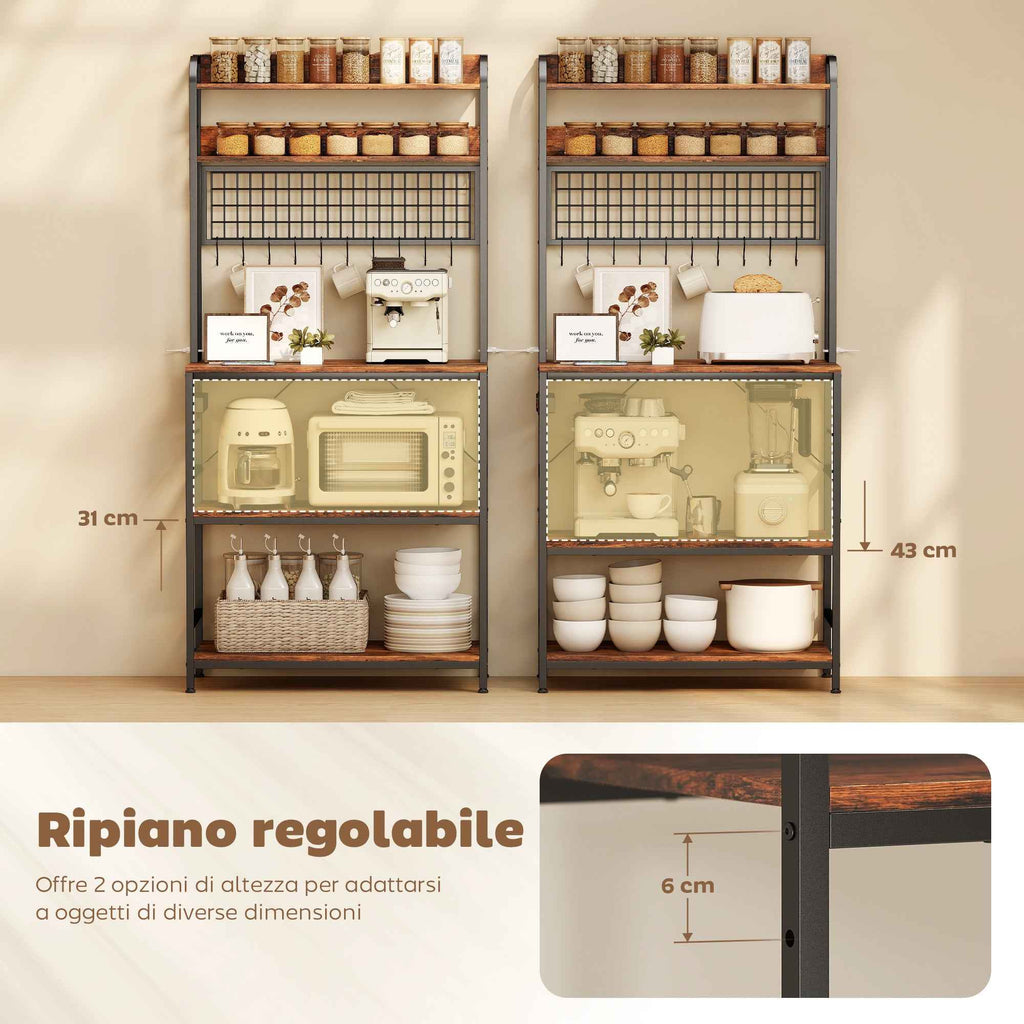HOMCOM Kitchen Shelf with Charging Station, 5 Shelves and 10 S-Hooks, Wood and Steel, 80x40x170 cm, Brown