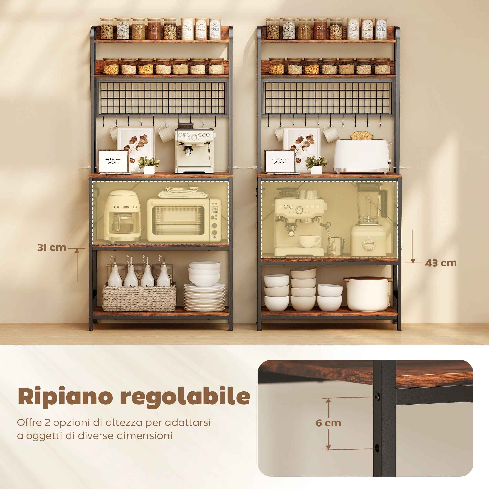 HOMCOM Kitchen Shelf with Charging Station, 5 Shelves and 10 S-Hooks, Wood and Steel, 80x40x170 cm, Brown
