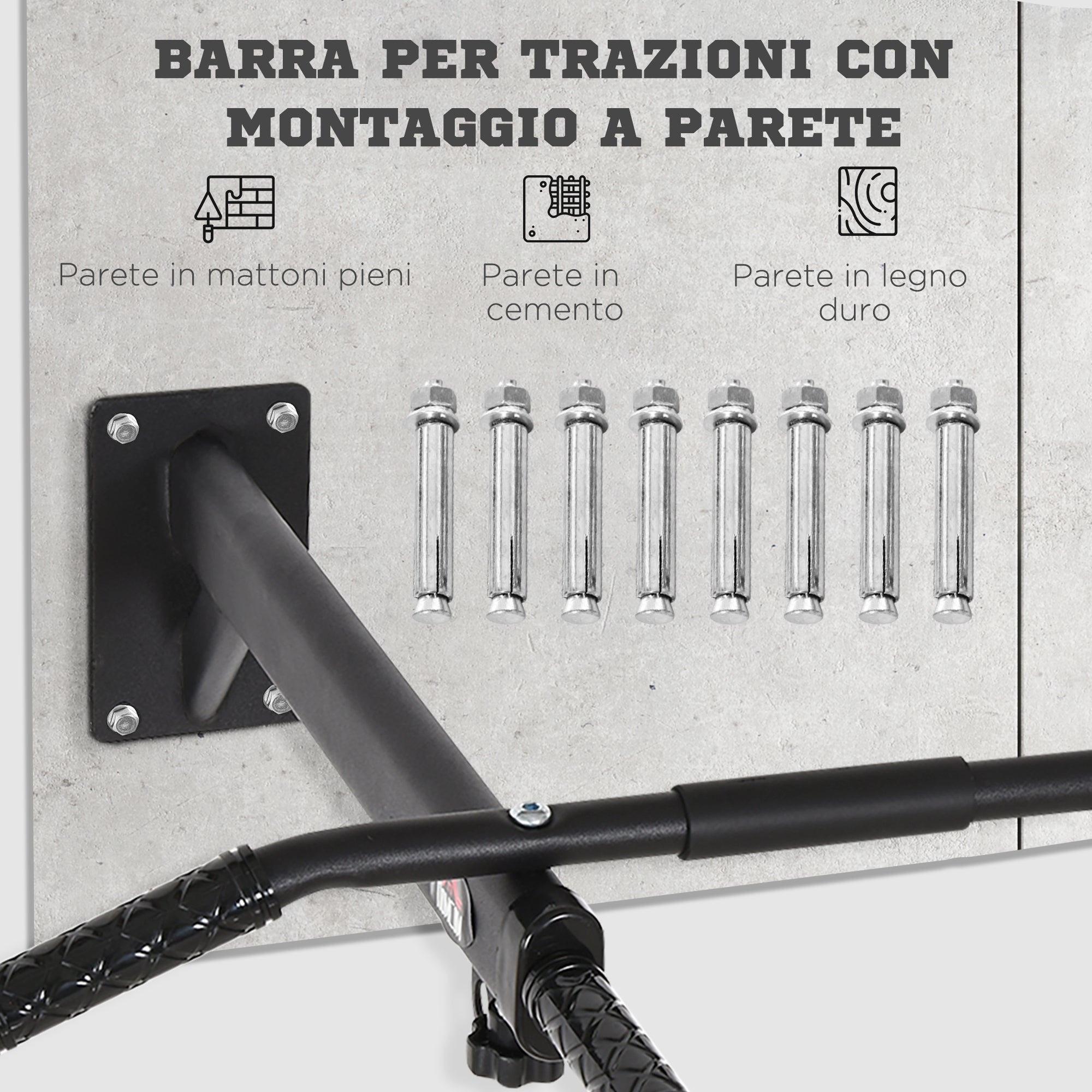 HOMCOM 2 in 1 Wall Pull-Up Bar with 3 Different Handles, Steel, 93.5x65x17 cm, Black - Borgè