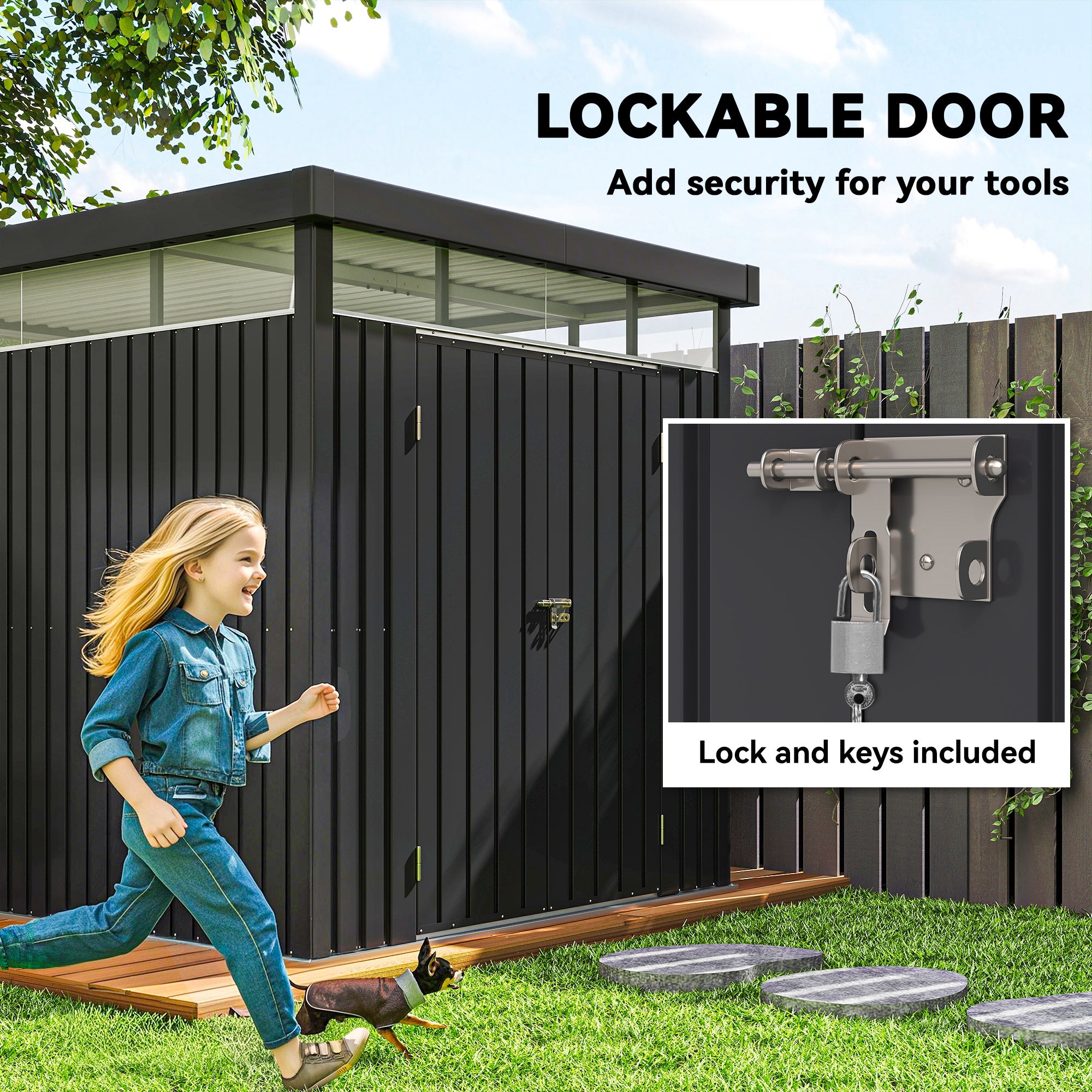 Garden Shed with Acrylic Skylight and Drainage Holes, Steel, 200x258x201 cm, Dark Gray