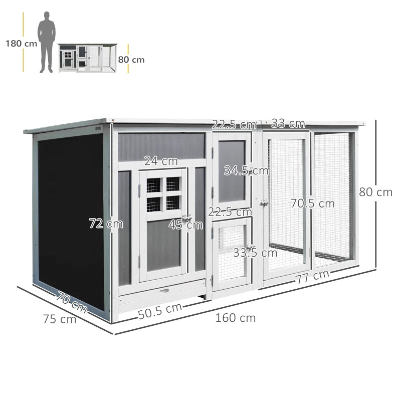 Wood Chicken Coop Hutch Hen House Cage PC Roof w/ Run Nest Box Deluxe 160 x 75 x 80 cm, Grey and white - Borgè