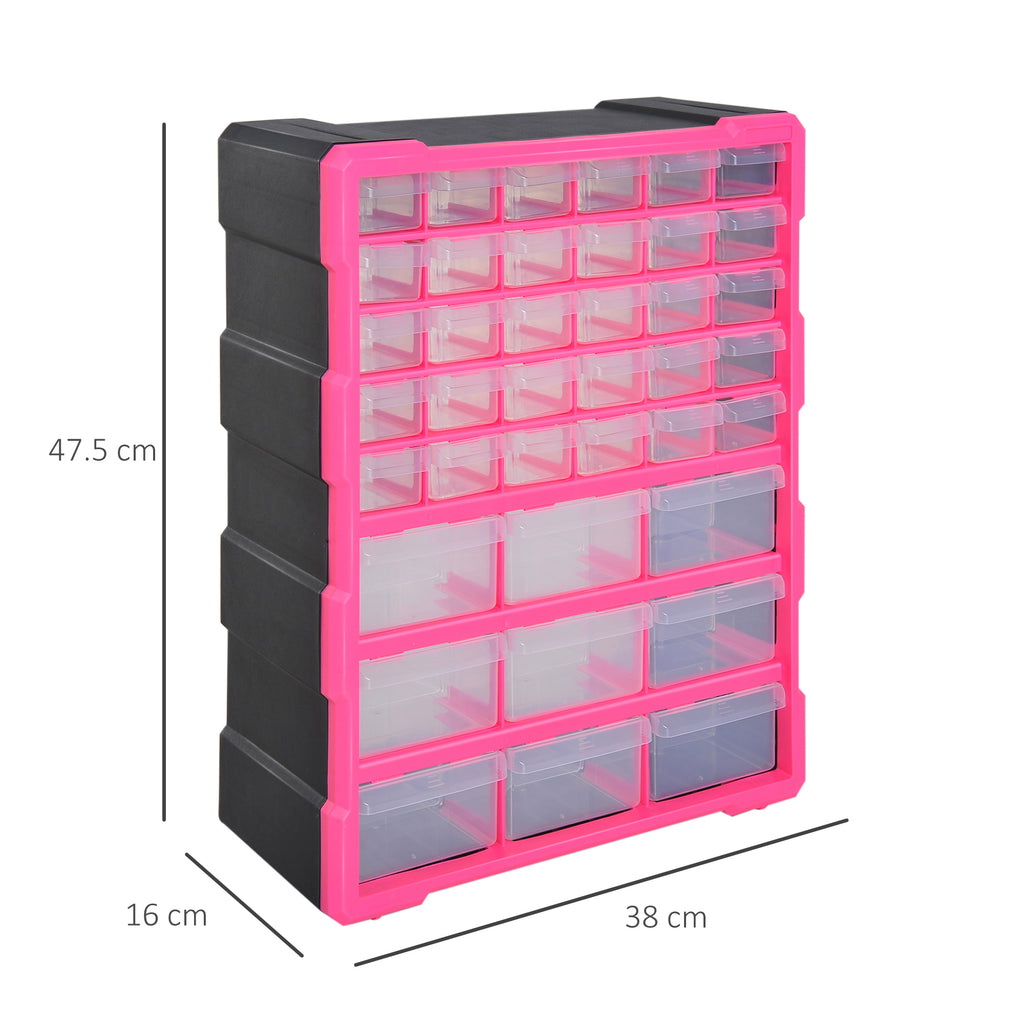 Plastic Drawer Cabinet for Small Parts with 39 Transparent Drawers, Wall or Floor Mounting 38x16x47.5cm Pink