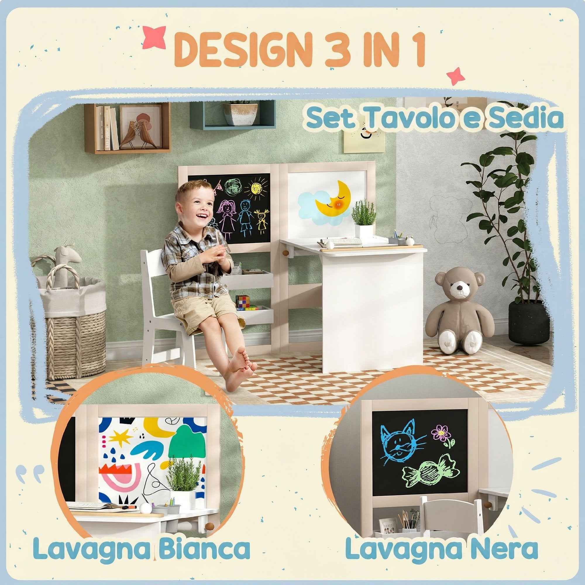 AIYAPLAY Kids Table and Chair Set for 3-8 Years Old with Blackboard, Whiteboard, Storage Containers and Paper Roll, White