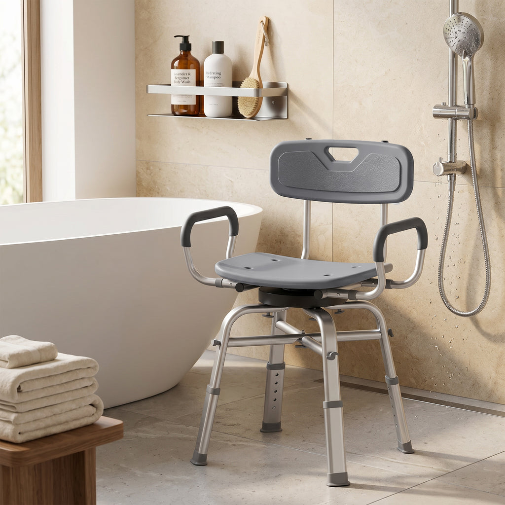 HOMCOM Height-Adjustable Swivel Shower Chair with Armrests, Backrest, 150kg Capacity, Grey