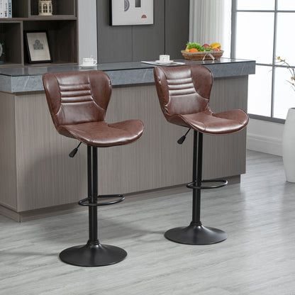 Set of 2 Faux Leather Bar Stools with Adjustable Height, Swivel Seat and Footrest, Brown