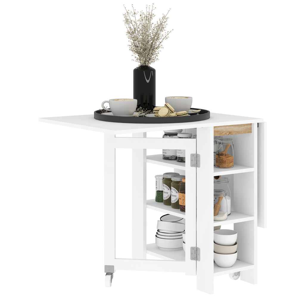 Folding Dining Table with 2 Drop-Leaf Tops and Shelves, Expandable, for 4 People, 120x60x75 cm, White