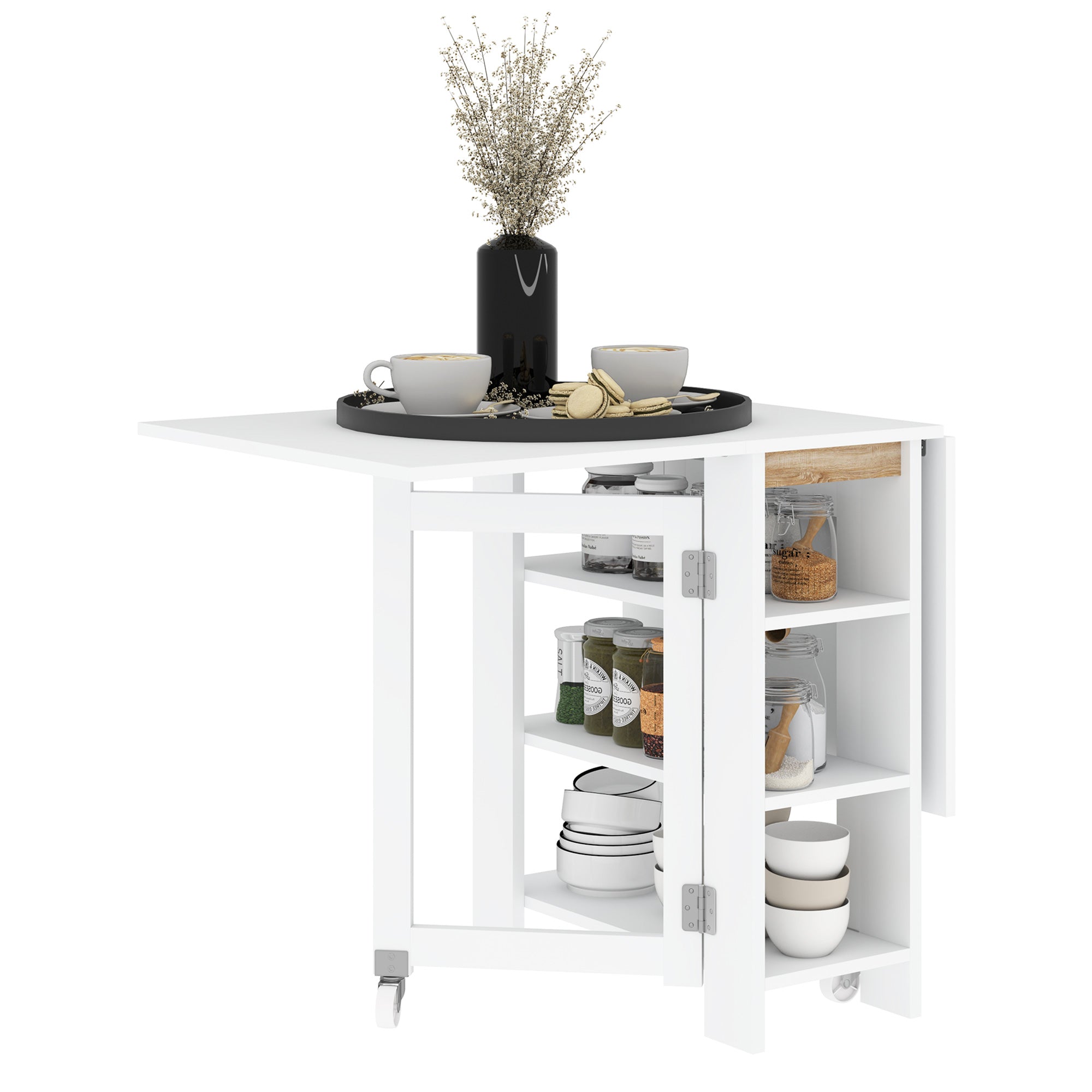 Folding Dining Table with 2 Drop-Leaf Tops and Shelves, Expandable, for 4 People, 120x60x75 cm, White
