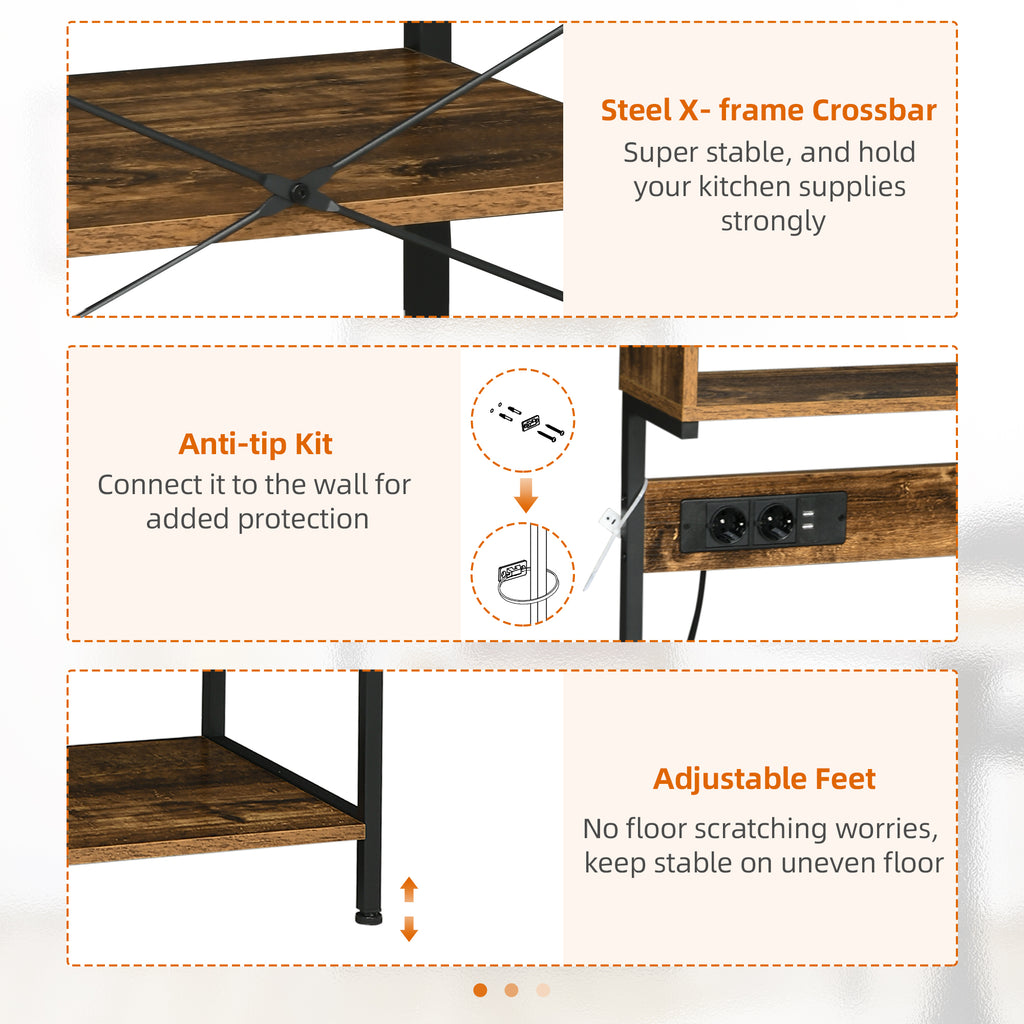 HOMCOM Kitchen Shelf with Power Strip, Shelves and Hooks Industrial Style, 60x42x153cm, Brown - Borgè