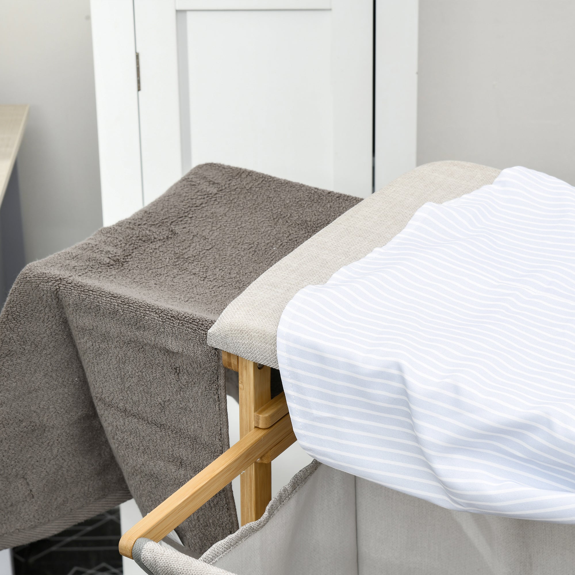 Bamboo and Polyester Laundry Basket with Ironing Board and 3-Tier Shelf, 113x34x82 cm