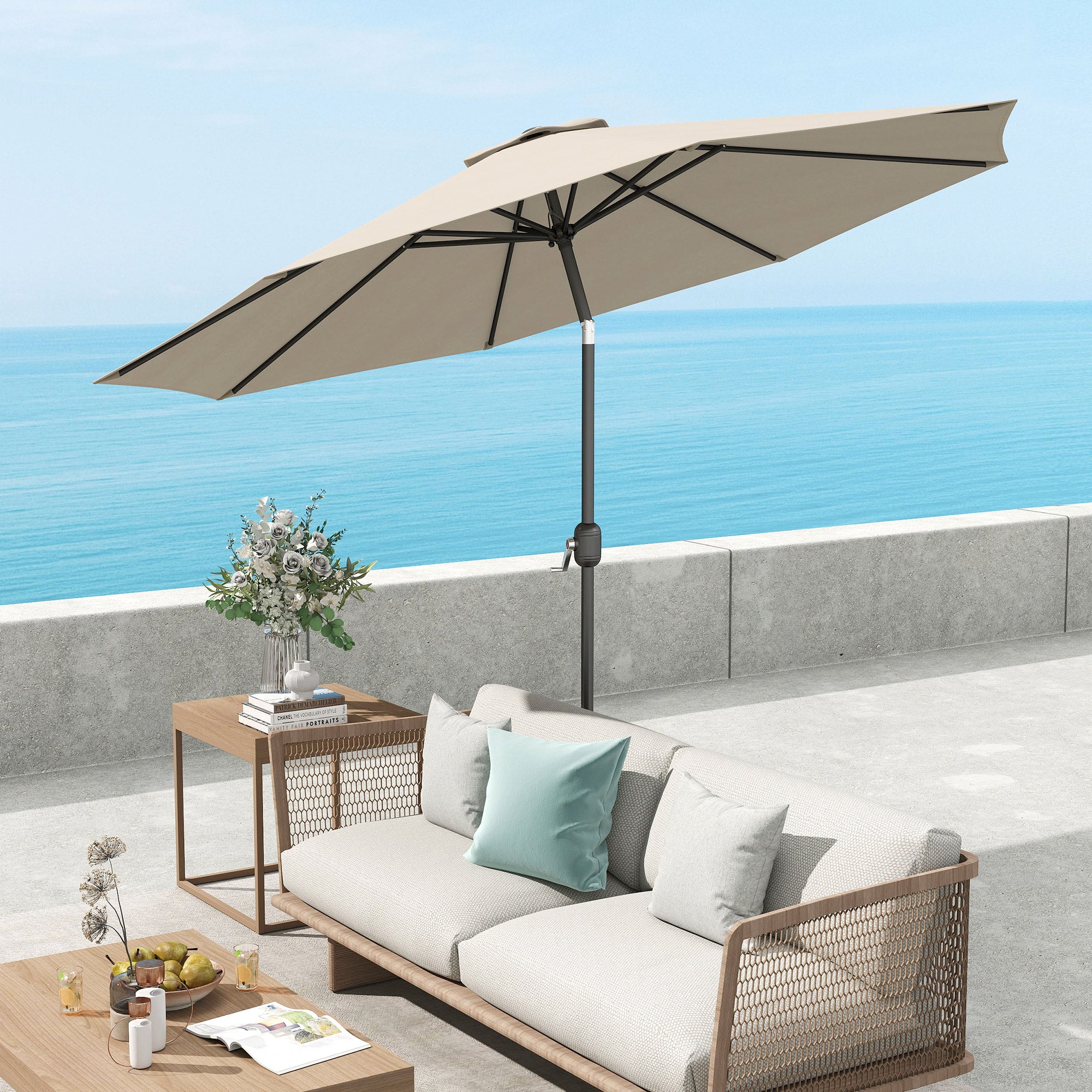 Outsunny 3x2.50 m Tilting Garden Umbrella with Crank and Removable Pole, Light Grey