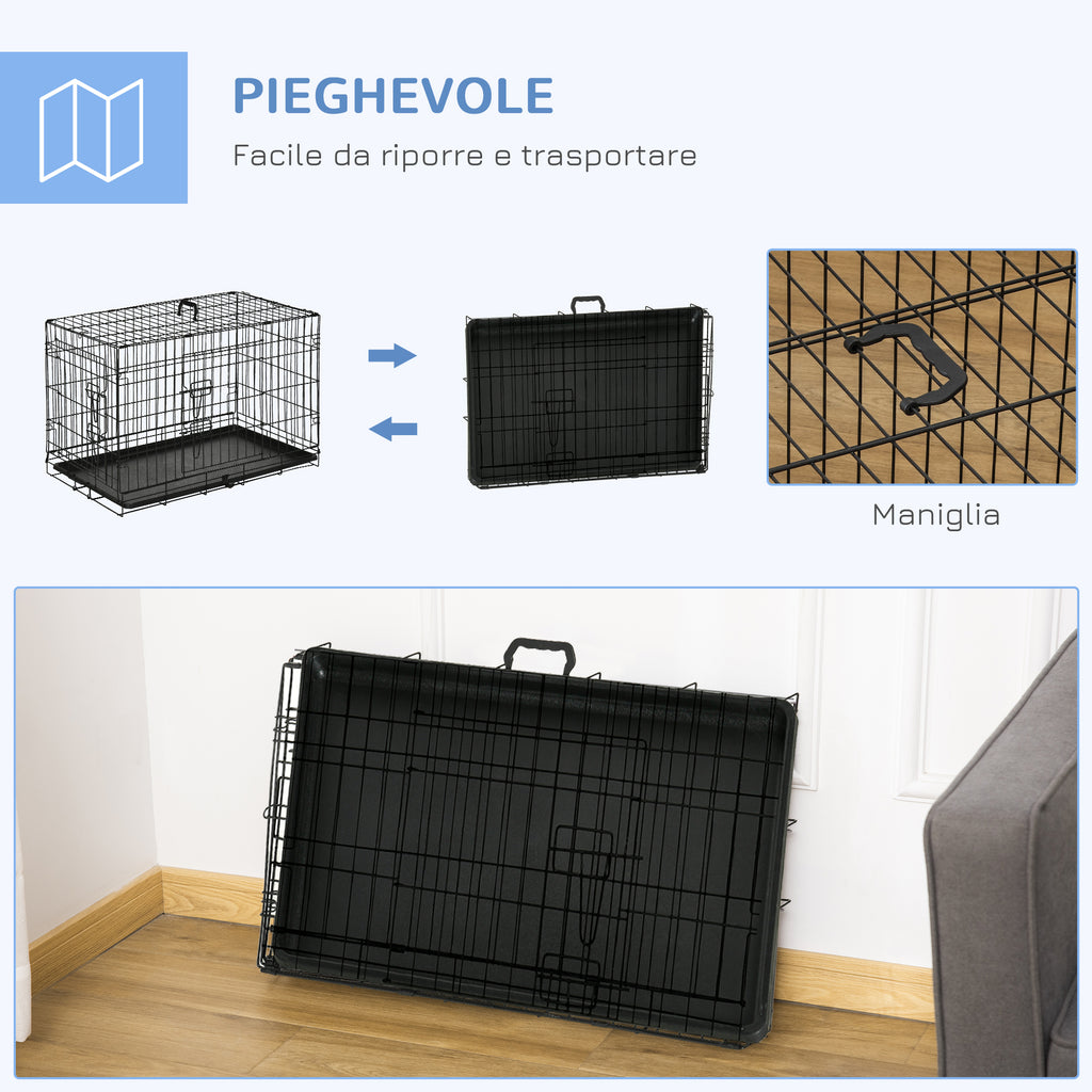 Pet Cage, Foldable Steel Double-Opening Dog and Cat Carrier, 76x46x52cm, Black