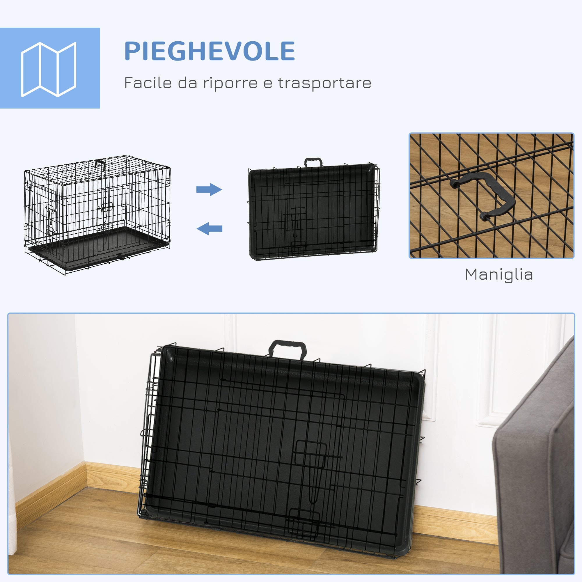 Pet Cage, Foldable Steel Double-Opening Dog and Cat Carrier, 76x46x52cm, Black