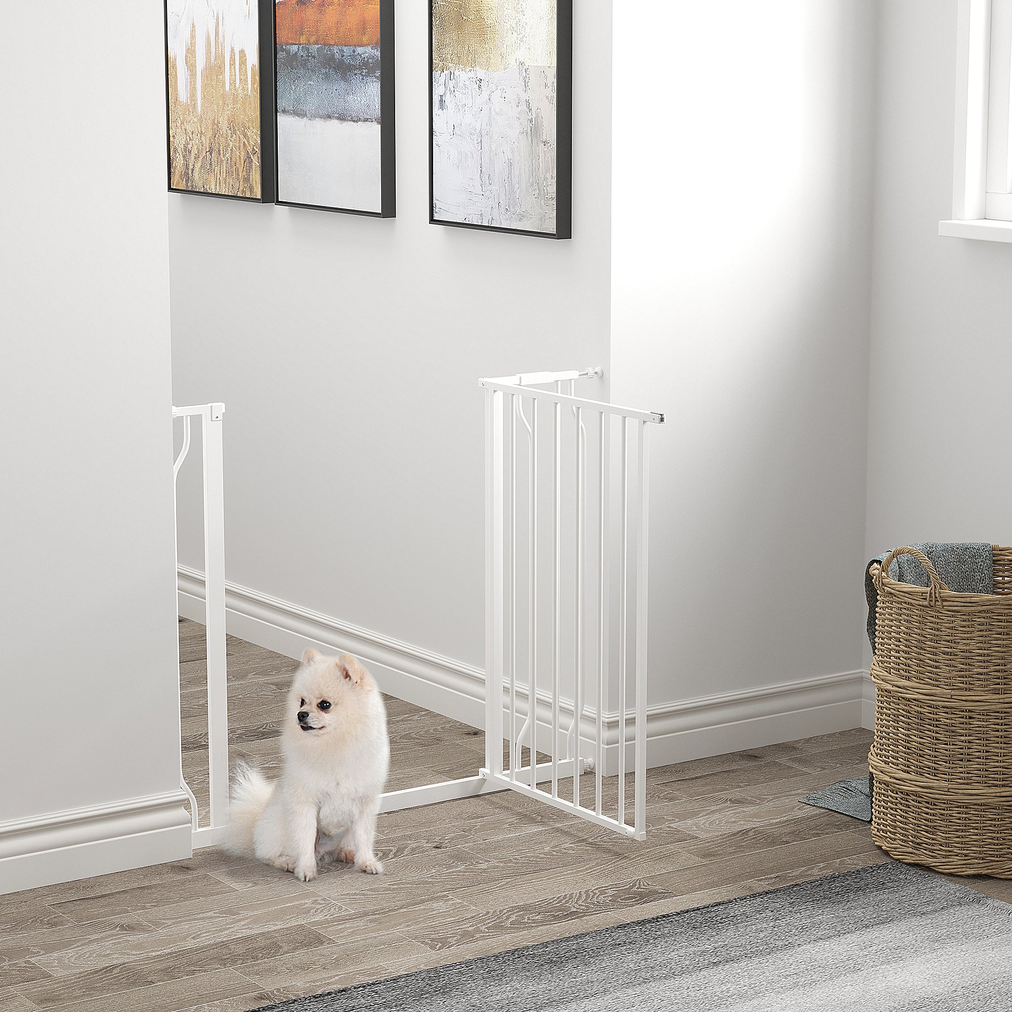 Adjustable Width Dog Gate with Double Lock, Steel and ABS, 76x75-95 cm, White
