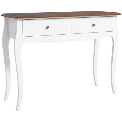 Modern Console Table with 2 Drawers in Wood, 100x35x76.5 cm, White and Dark Brown