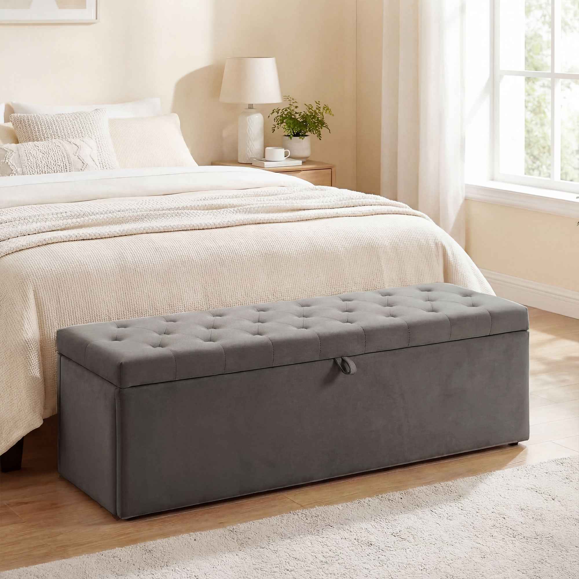 HOMCOM Velvet Storage Bench 140L with Wide Padded Seat, 240kg Capacity, Bedroom Living Room Entrance, Grey