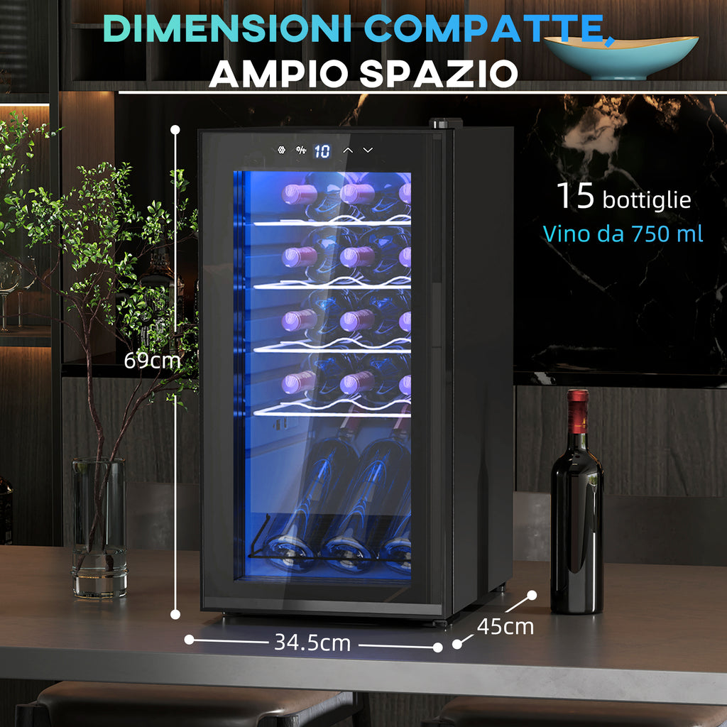 Wine Cooler Refrigerator for 15 Bottles, 44L Capacity, with Temperature Control and Adjustable Shelves, Black