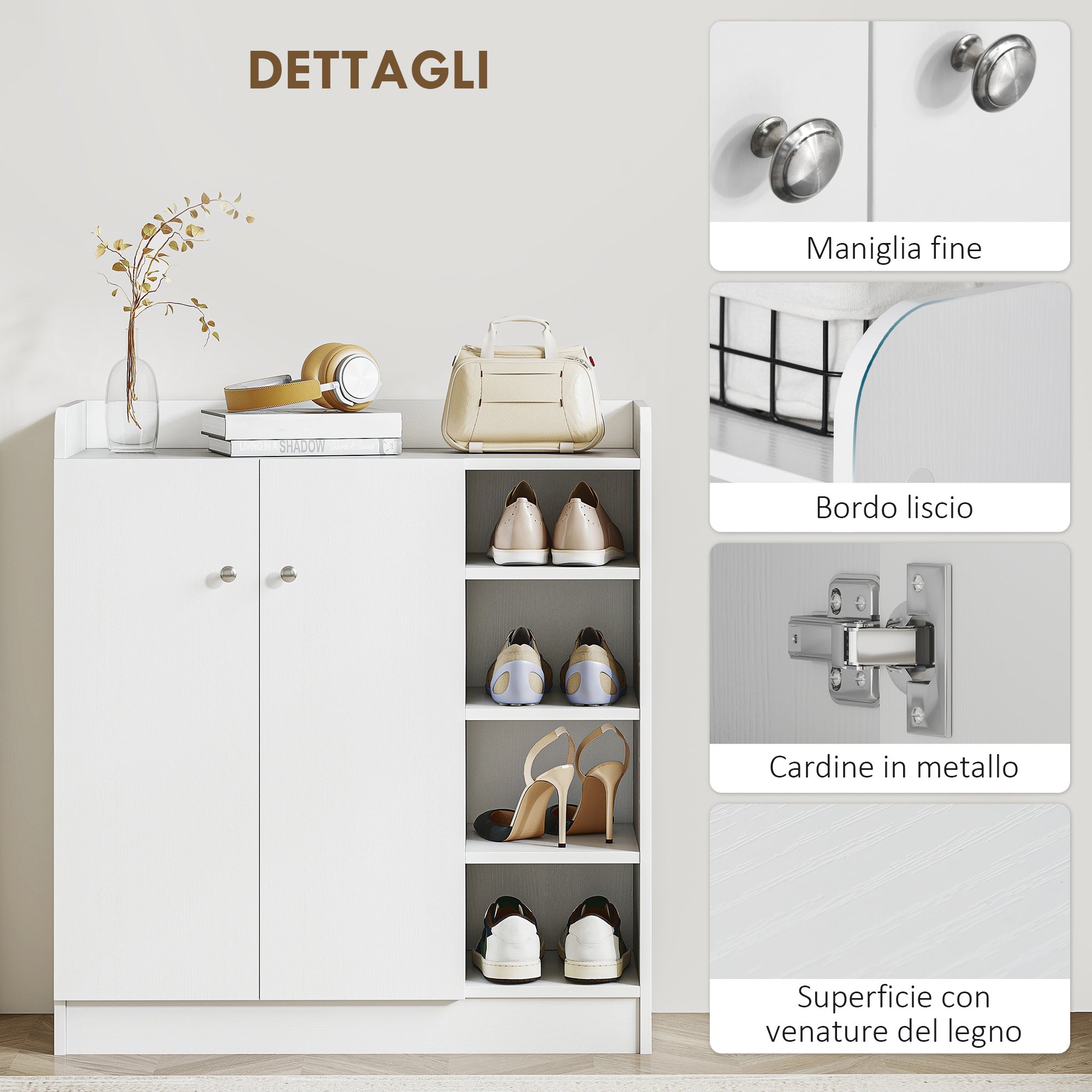Shoe Rack with 4 Open Shelves, Multipurpose Shoe Cabinet with 2 Doors and Adjustable Shelves, Space-Saving Shoe Storage for 12 Pairs, 83x30x90 cm, White