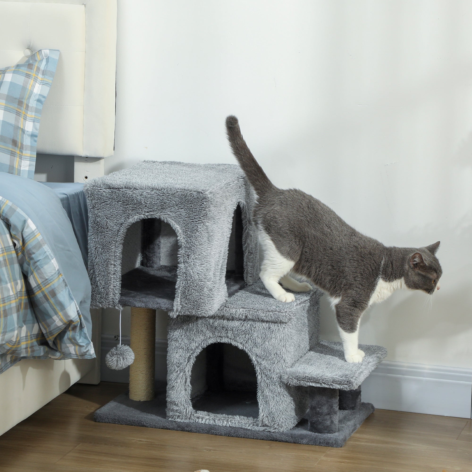 4-Step Height-Adjustable Cat Ladder with 2 Cat Houses, Scratching Post and Ball, Grey
