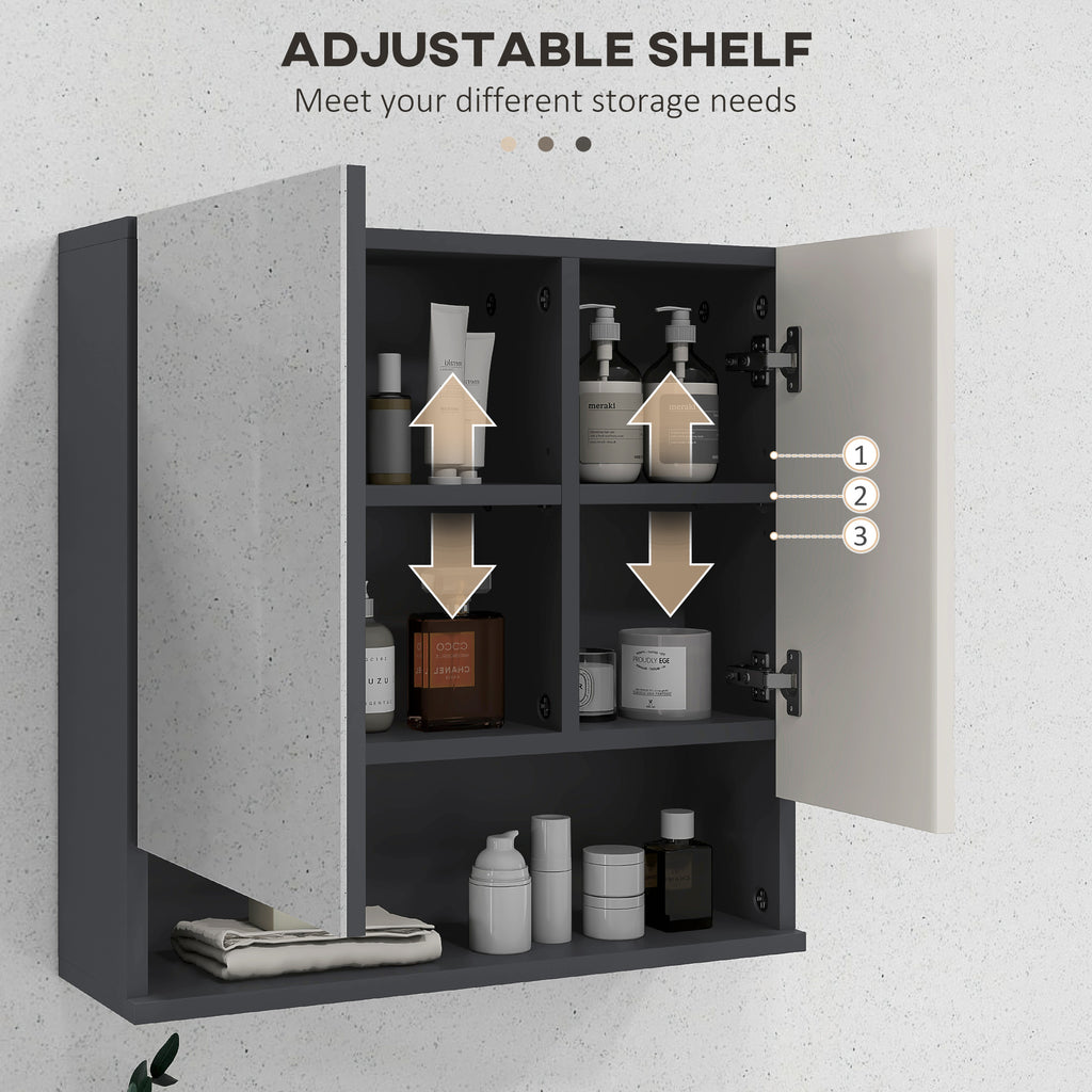 kleankin Cabinet with 2-Door Bathroom Mirror and Adjustable Wooden Shelves, 55x17x55cm, Gray - Borgè