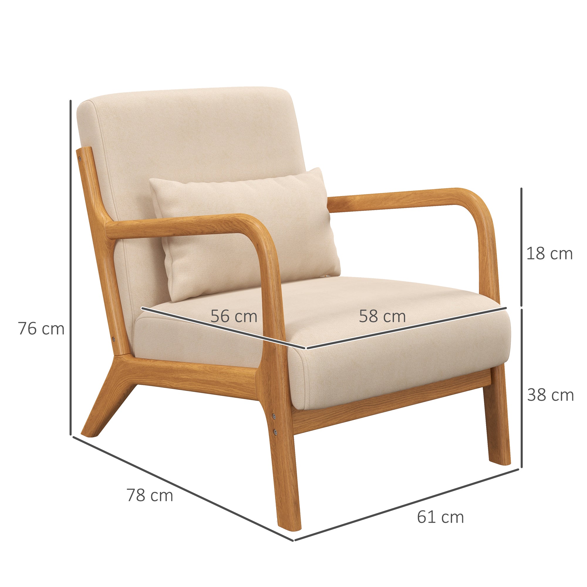 Velvet Armchair with Wooden Frame, S-Spring Padding and Cushion, 61x78x76 cm, Beige