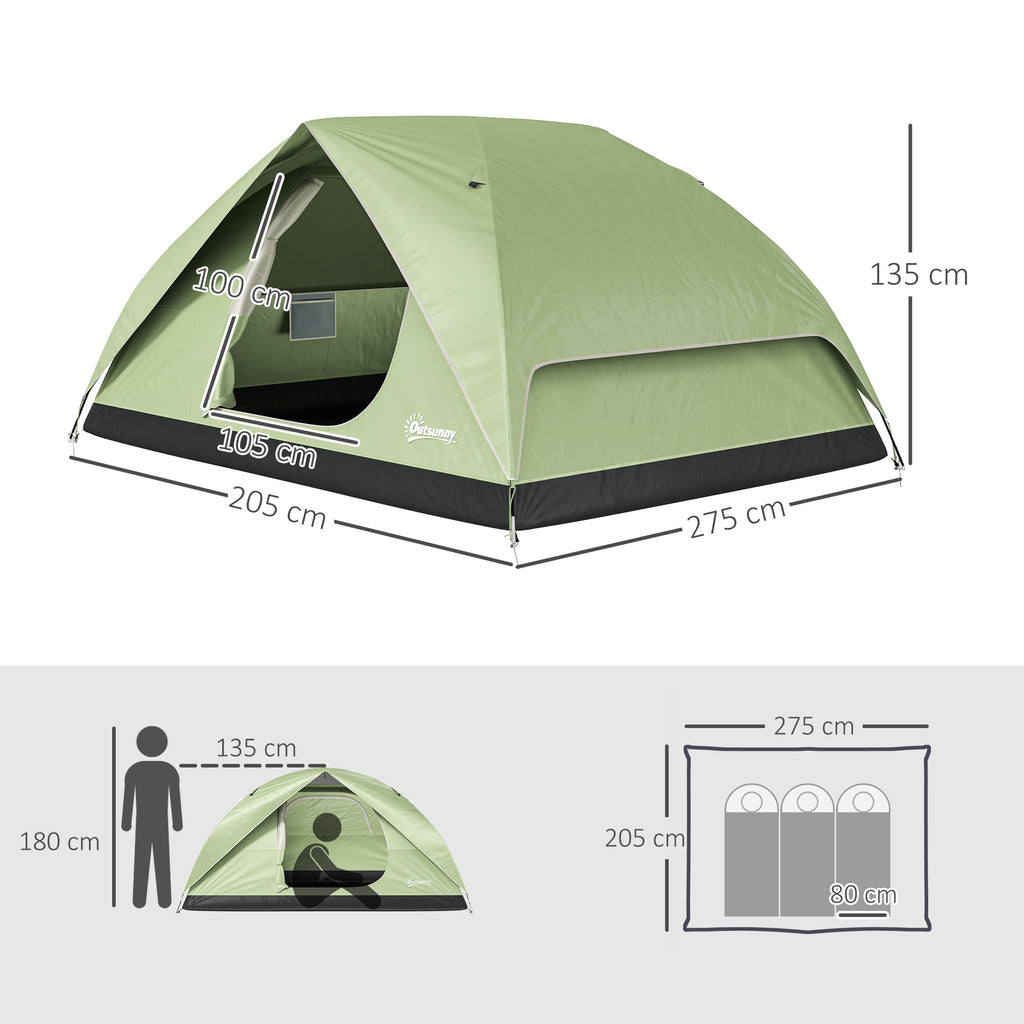 Waterproof 3-Person Camping Tent with Pockets, Lantern Hook and Carry Bag, Green